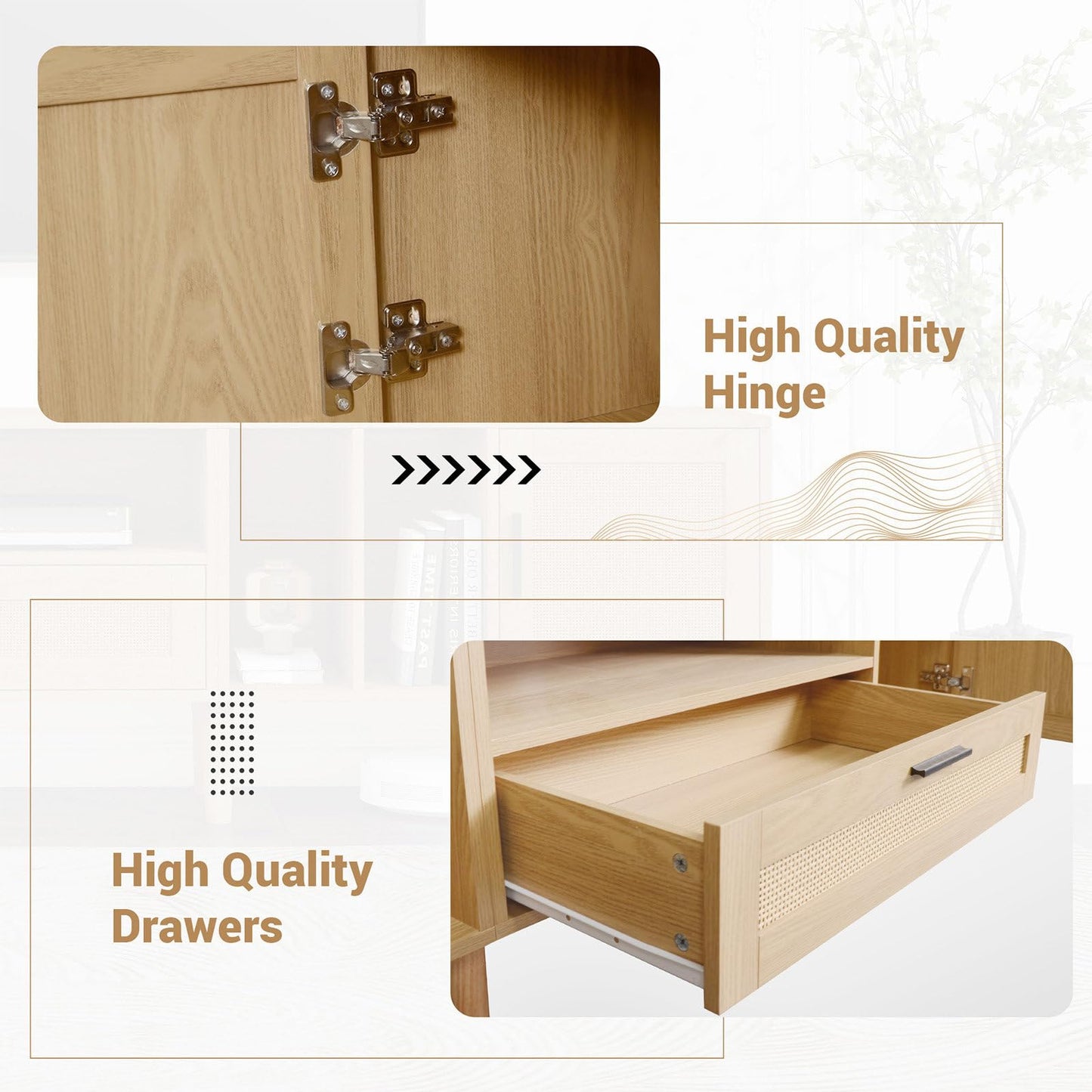 Meuble TV 180cm, Armoire De Télévision Rotin Tressé, Meuble Télé de Salon Pieds en Bois Massif, Table Télévision Convient Aux Téléviseurs de 80 Pouces, 2 Portes, 1 Tiroirs et 3 Étagères Ouvertes