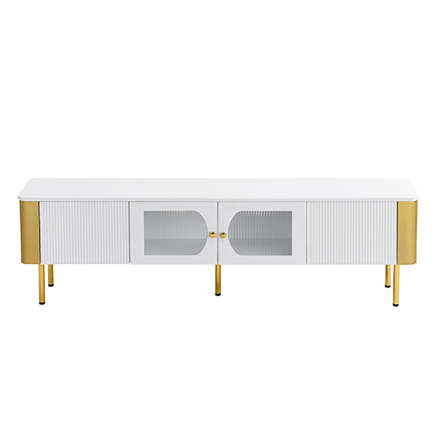 Meuble TV, Meuble TV avec tiroirs et armoires de Rangement, Panneaux latéraux et Pieds dorés, Porte d'armoire en Verre texturé, Meuble TV de Salon Blanc, Longueur 170 cm, Largeur 34 cm, Hauteur 45 cm Marque : peiaw