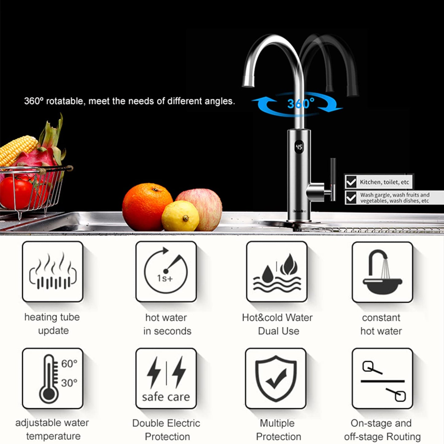 Robinet électrique avec chauffe-eau instantané 220 V pour cuisine, 3200 W, avec affichage de la température LCD, rotation à 360 °, avec chauffe-eau instantané, argent