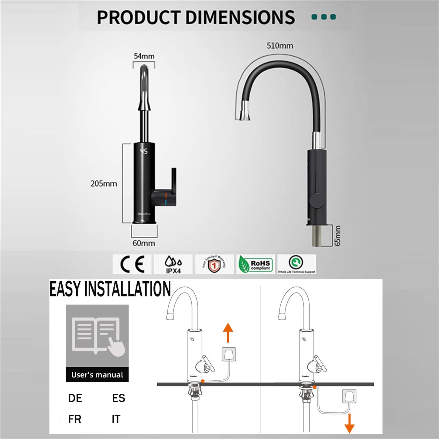 Robinet Chauffe eau Instantané Électrique 3200W,Rotatif à 360° Robinet Evier de Cuisine en Acier Inoxydable avec Affichage de la Température LED et Flexible Bec, 230V Robinet Chauffant Electrique