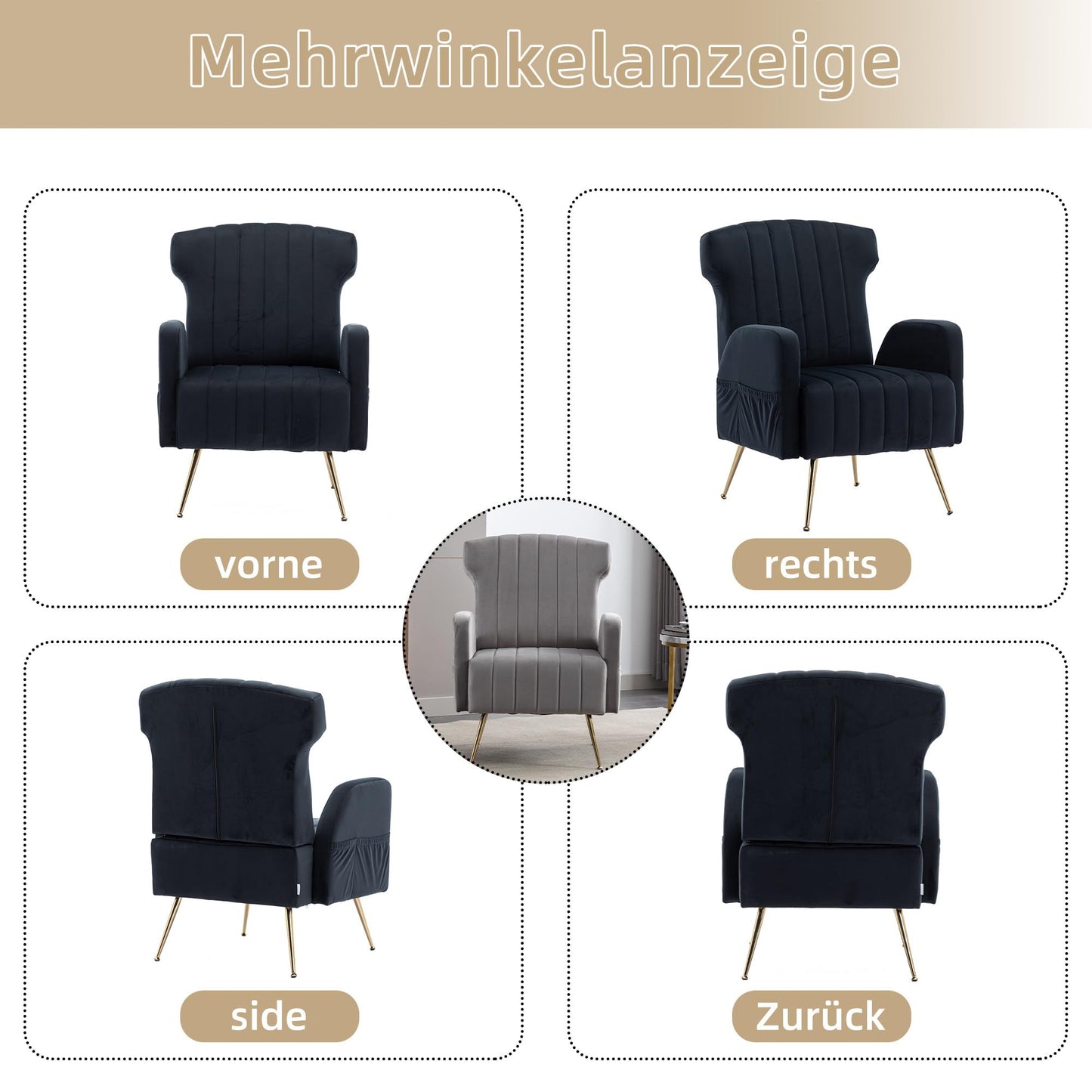 SHUGUANG Fauteuil Confortable Velours, Fauteuil Salon Confortable Chaise Coiffeuse avec Pieds Métalliques Dorés, Forme de Chaise Cigare Chaise de Lecture en Vigueur Chambre à Coucher, Salon