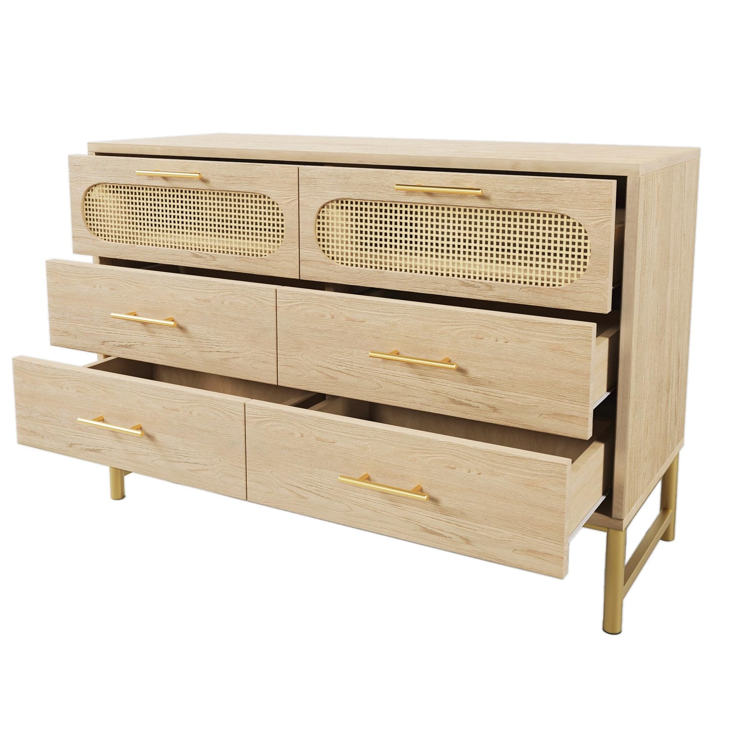 SHUGUANG Buffet en Rotin avec 6 Tiroirs, Commode de Chambre Style Bohème, Vaisselier, Meuble de Rangement pour Salon et Entrée, Poignées en Métal Doré, Anti-Inclinaison, 120 x 40 x 74 cm, Chêne