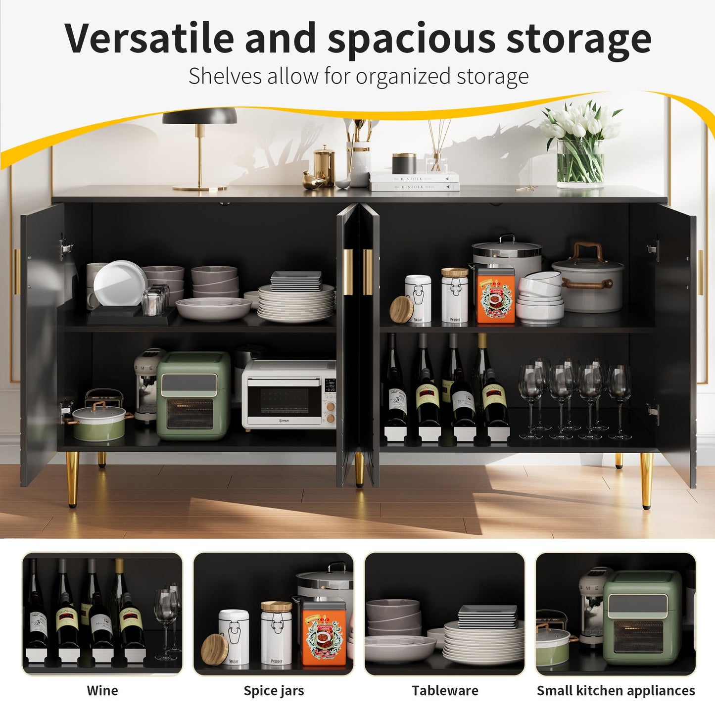 SHUGUANG Buffet Salon (152 x 40 x 75 cm), Meuble de Rangement Moderne et Simple avec Un Design Ondulé Unique, Poignées et Pieds Dorés, pour Une Salle à Manger élégante et Une Chambre à Coucher