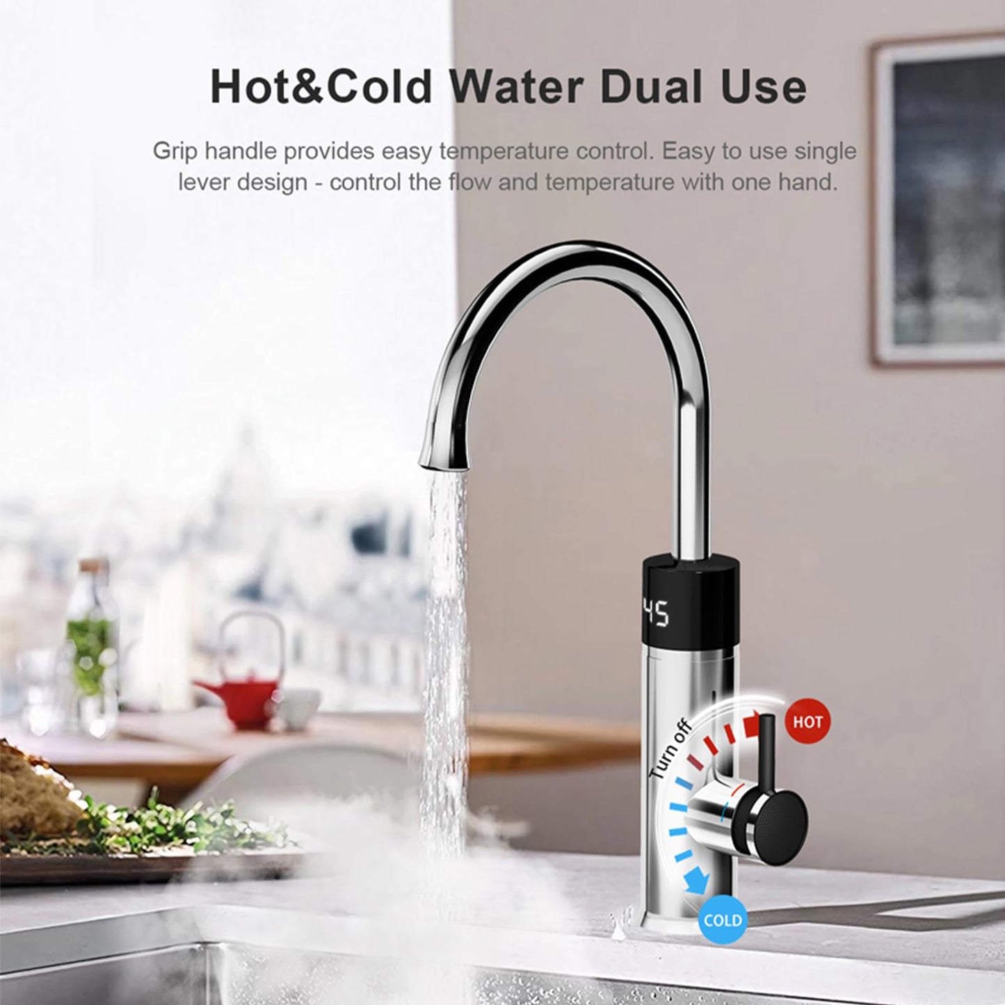 Robinet Électrique Сhauffe-Eau Instantané 3200W, Robinet électrique de cuisine avec Affichage de la température à LED, Robinet Pivotant à 360°