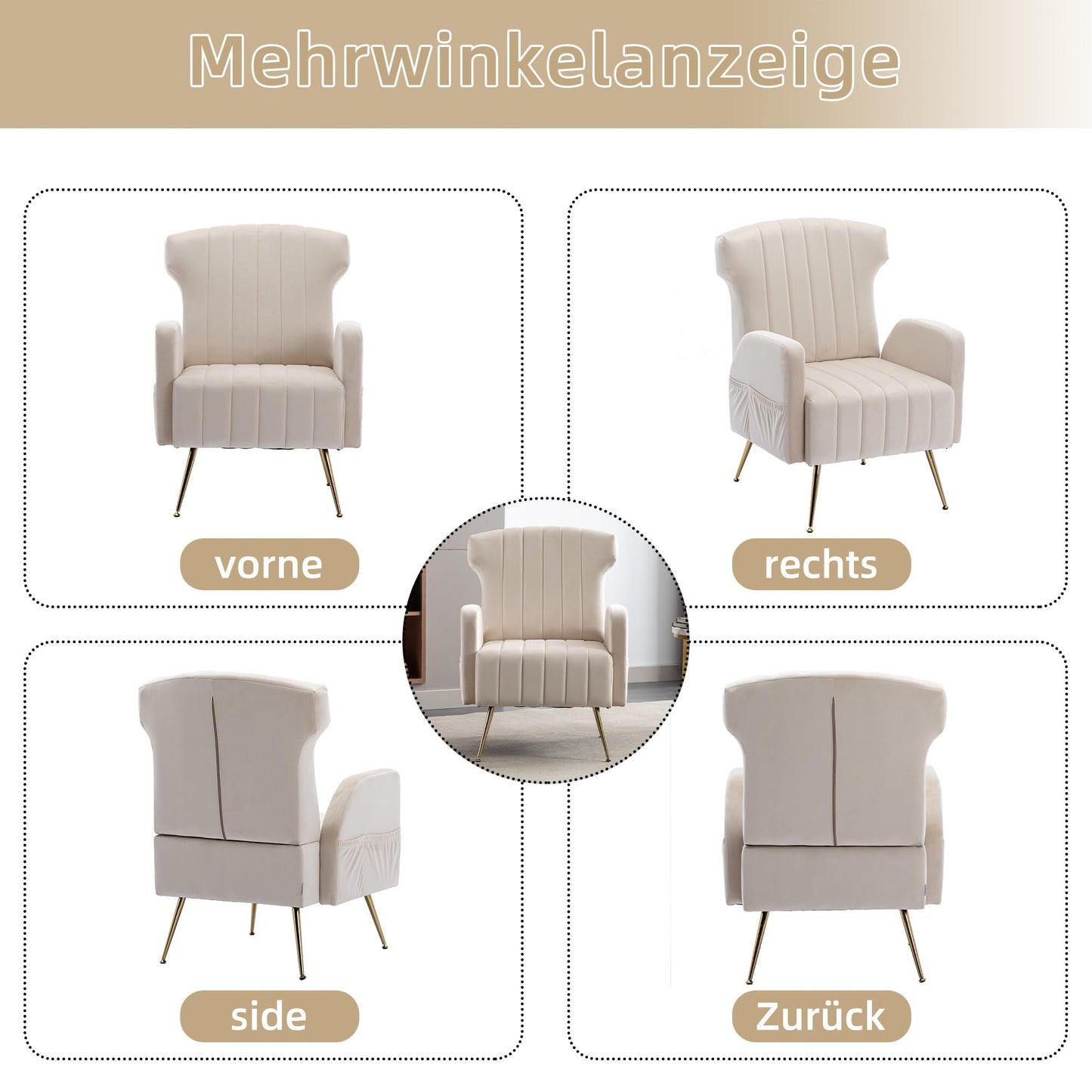 SHUGUANG Fauteuil Confortable Velours, Fauteuil Salon Confortable Chaise Coiffeuse avec Pieds Métalliques Dorés, Forme de Chaise Cigare Chaise de Lecture en Vigueur Chambre à Coucher, Salon