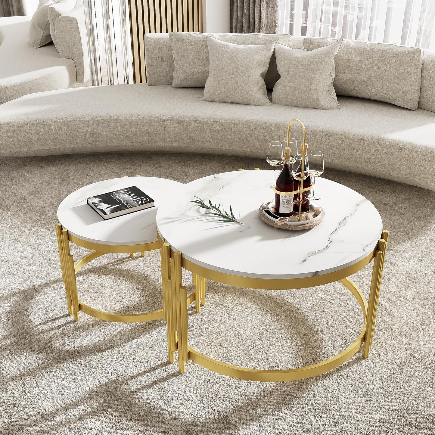 Peiaw Table Basse,Table de Salon,Table Basse Ronde,Lot de 2 Tables Basses de Salon Gigognes,Aspect marbre Blanc et Structure en Acier doré,Table de Salon 71,5 x 71,5 x 44 & 51,5 x 51,5 x 37 cm