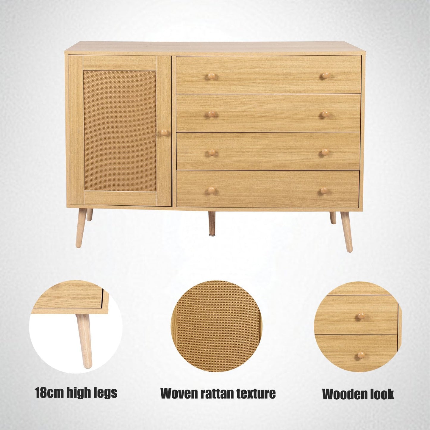 Sideboard 1 Tür und 4 Schubladen, Kommode Gewebte Rattanstruktur, Mehrzweckschrank Hohe Tragfähigkeit, Küchenschrank Minimalistisches Design, Schubladenschrank Holzoptik, 120 x 83 x 40 cm (B/H/T)