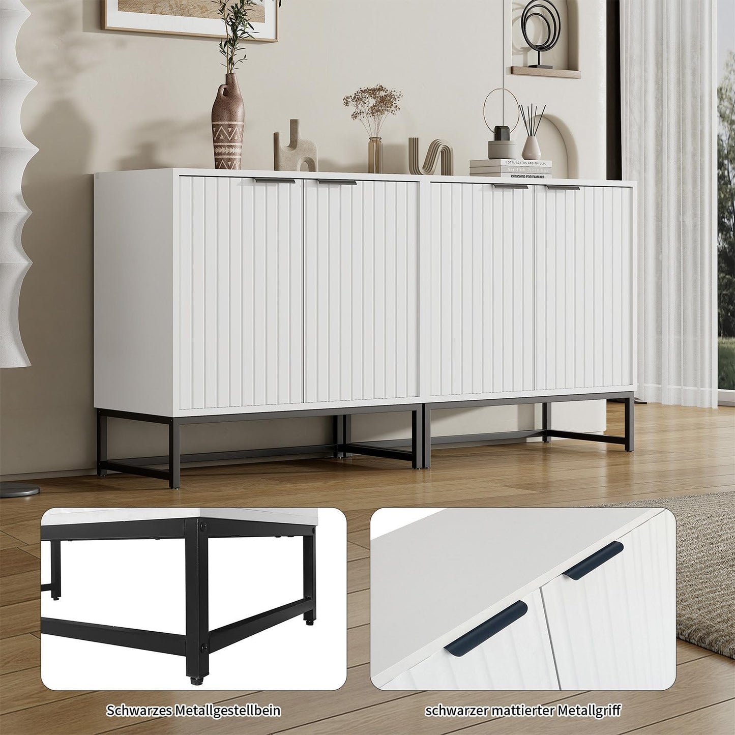 Sideboard mit 4 Türen, Küchenschrank Style Moderne, Schubladenschrank Hohe Tragfähigkeit, Mehrzweckschrank mit Metallgriffen und Rahmenbeinen, Kratzfeste Fußmatten, 160 x 80.5 x 40 cm (B/H/T)