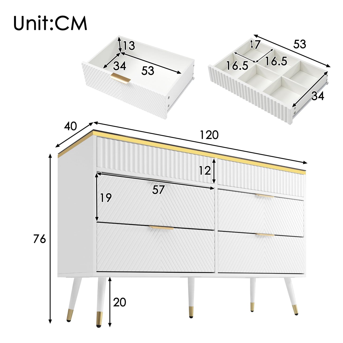 120 x 40 x 76 cm Blanc Commode Rangement avec 6 Tiroirs, Commode Salon en Verre Ambré, Buffet Moderne avec Résistance à La Pointe, Armoire Rangement Applicables à Salon, Chambre ,Salle à Manger
