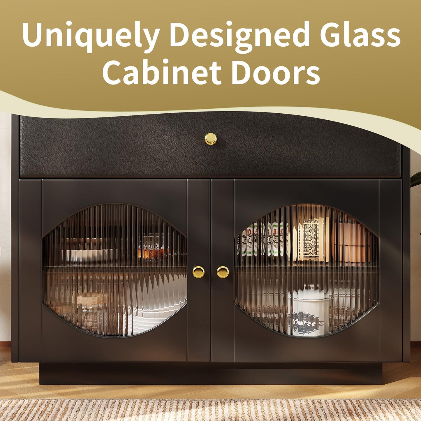 Peiaw Buffet, Meuble de Cuisine, Meuble de Rangement,Buffet Noir Moderne, Commode,Compartiment de Rangement Ouvert,Buffet avec Porte vitrée,Buffet avec 2 Portes et 1 tiroir,100×40×90.5cm