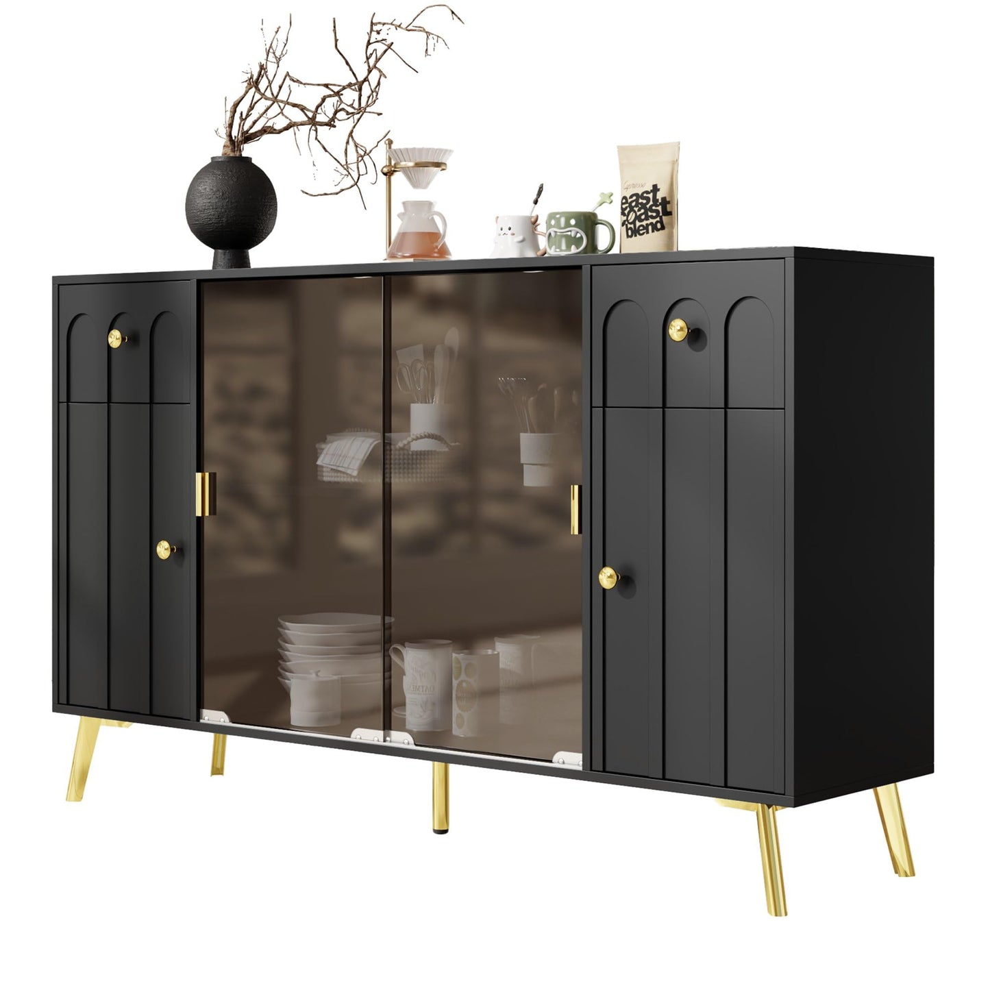 SHUGUANG Buffet Commode Bahut Vaisselier avec Verre Marron, Poignées et Pieds en Métal, Moderne Noir Buffet avec Panneaux Incurvés, Meuble de Rangement pour Salle à Manger/Salon, 150 x 30 x 89,7 cm
