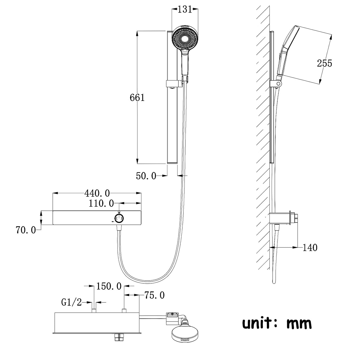 Robinet de Baignoire avec Douchette 3 Jets, Mitigeur Baignoire Cascade Mitigeur de Baignoire Mural Robinet Baignoire avec 150cm Tuyau et Tringle de Douche Réglable (Gris Pistolet)