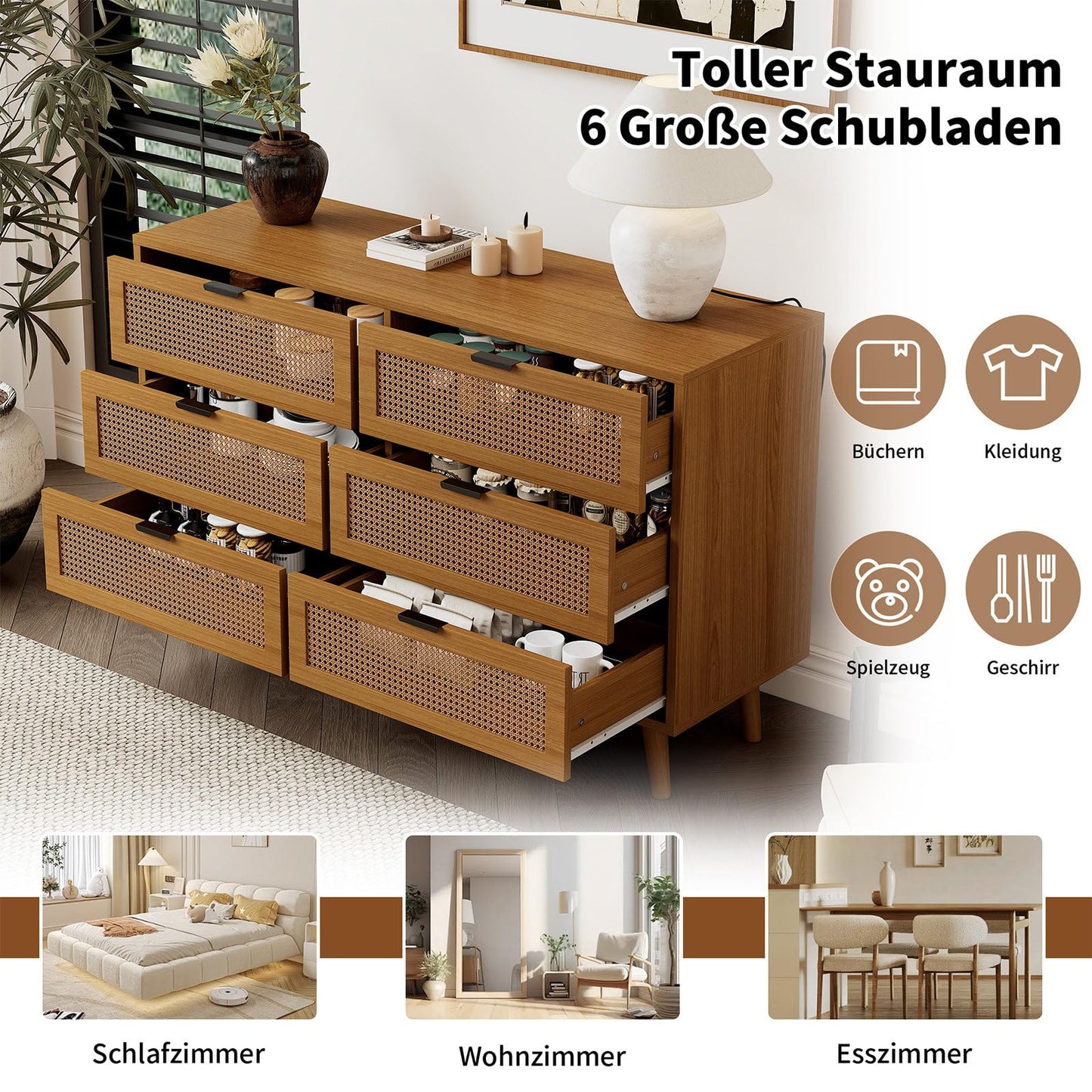 Kommode Mit 6 Schubladen, Sideboard Perforierte Rattantür, Mehrzweckschrank für Wohnzimmer, Esszimmer, Schubladenschrank Hohe Tragfähigkeit, Schrankbeine aus Massivholz, Metallgriff, 120 x 40 x 76.5cm