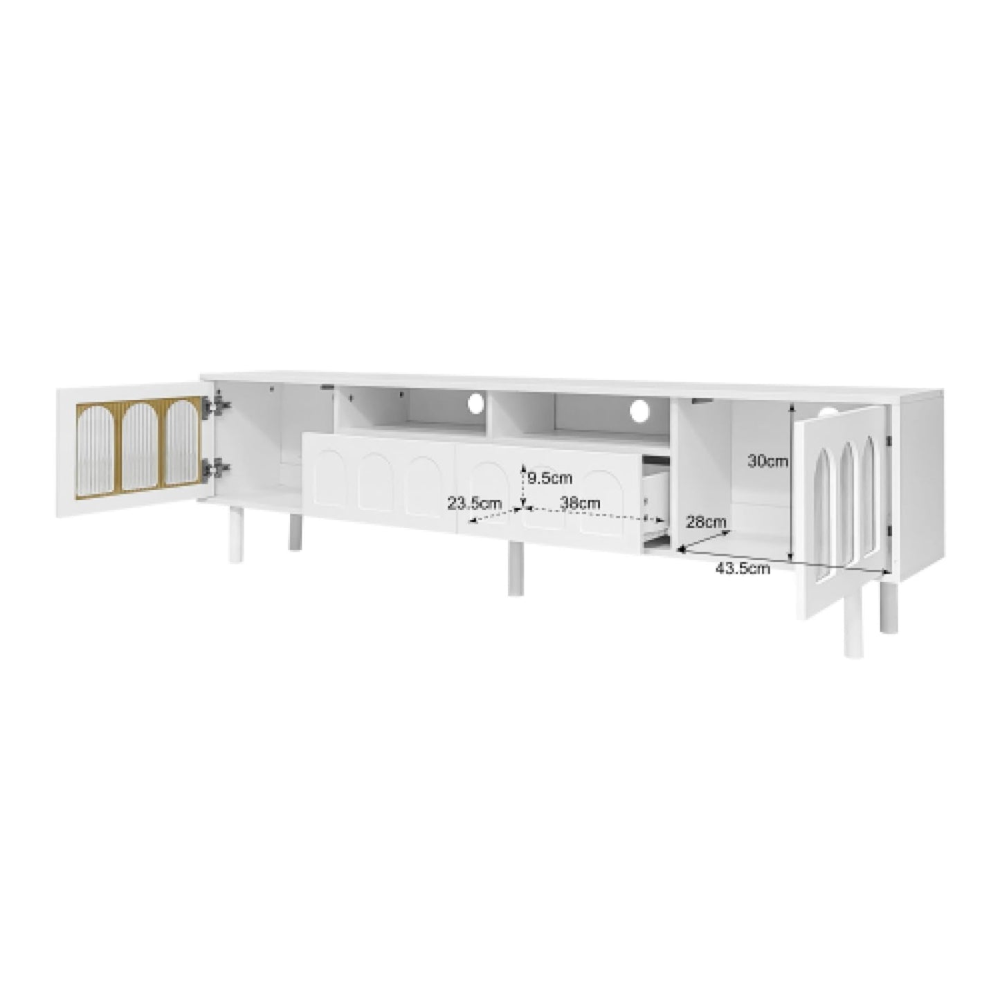 Meuble TV, Table TV à Porte vitrée cintrée, Meuble TV de Salon avec Porte Push-Open, Banc TV, Meuble TV à Structure symétrique, Meuble TV de Salon avec cloison Ouverte, Meuble TV 180cmx30cmx48cm
