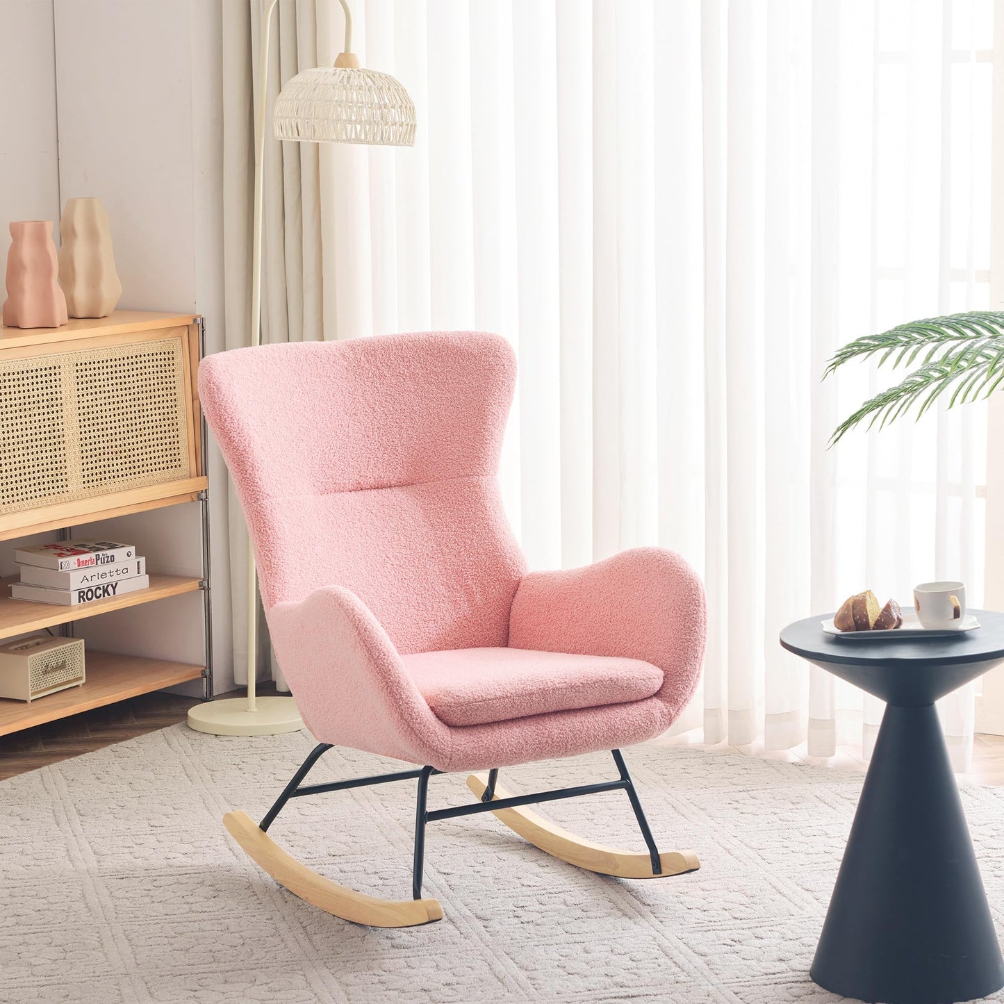 SHUGUANG Chaise a Bascule avec Cadre en Bois Massif, Fauteuil À Bascule Teddy-Fleece-Stoff, Conception Simple Chaise de Lecture Fauteuil Bascule en Vigueur Chambre à Coucher, Salon