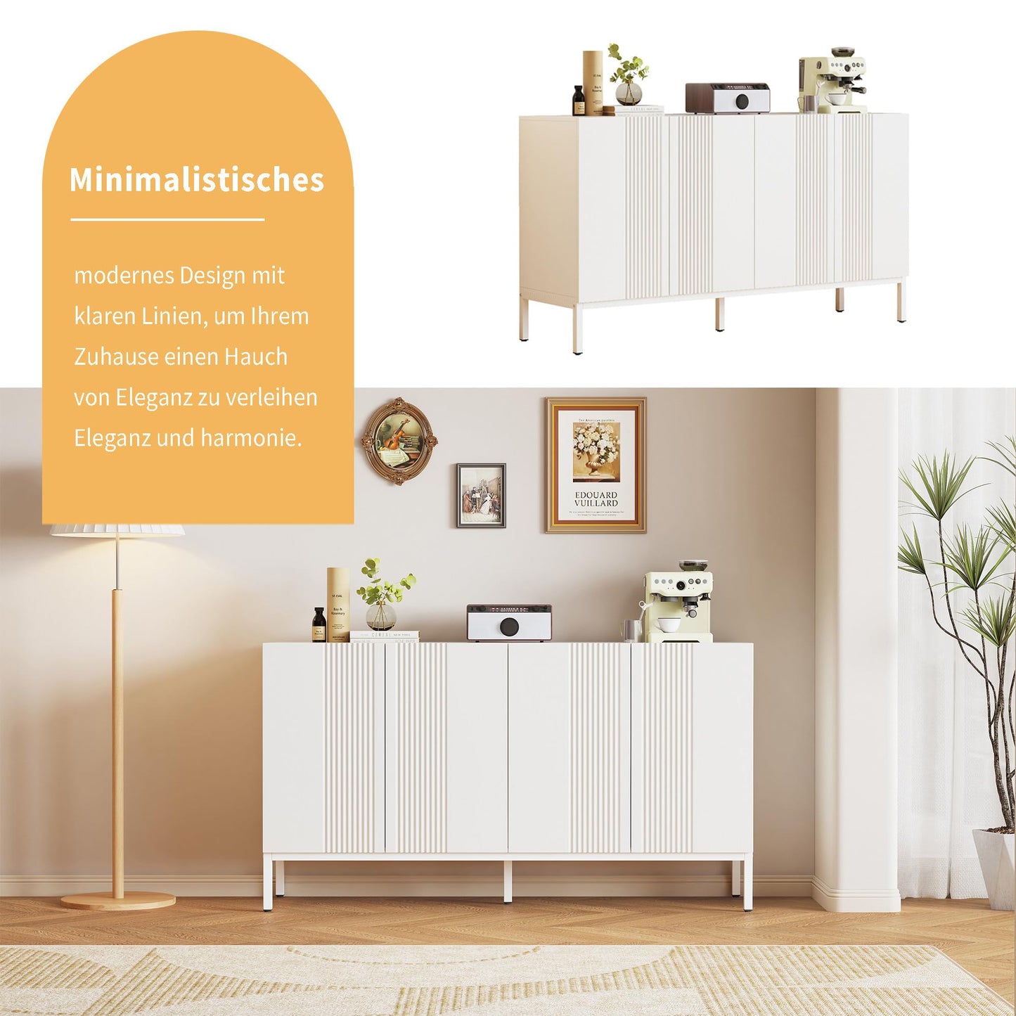 Buffet Blanc Moderne à 4 portes, Buffet Salle a Manger aux Lignes Uniques, Étagères Réglables, Porte sans Poignée, Beaucoup d'espace de Rangement, Vaisselier Bois, pour Salle à Manger Salon Cuisine