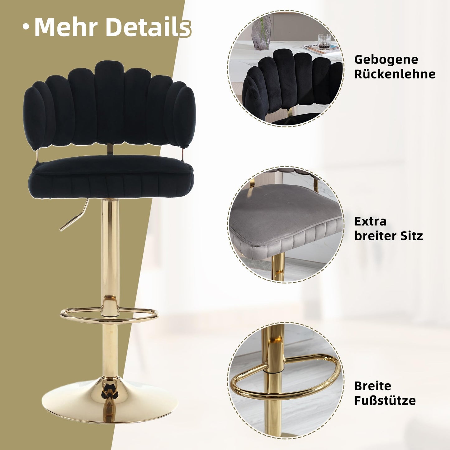 Tabouret Bar Lot de 2 Pivotants Velours Chaise de Bar à Hauteur Comptoir avec Dossier, Repose-pieds, Chaise Haute Bar Comptoir Réglables, Chaises D'îlot pour Salle à Manger, Noir/Gris/Ivoire/Émeraude