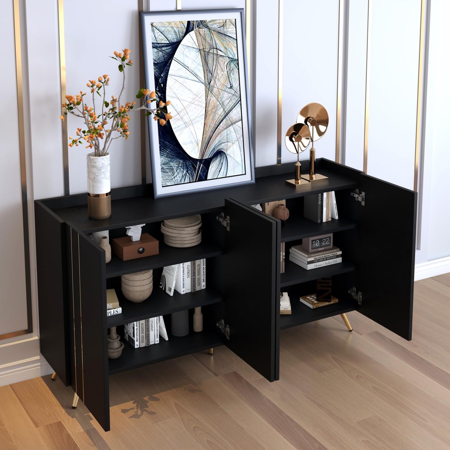 Buffet cuisine,Armoire multifonctionnelle,meuble de salon noir,Buffet moderne en bois,Buffet 4 portes,pieds dorés,bande de métal doré,Salon cuisine salle à manger meuble de rangement 160x38x80 cm