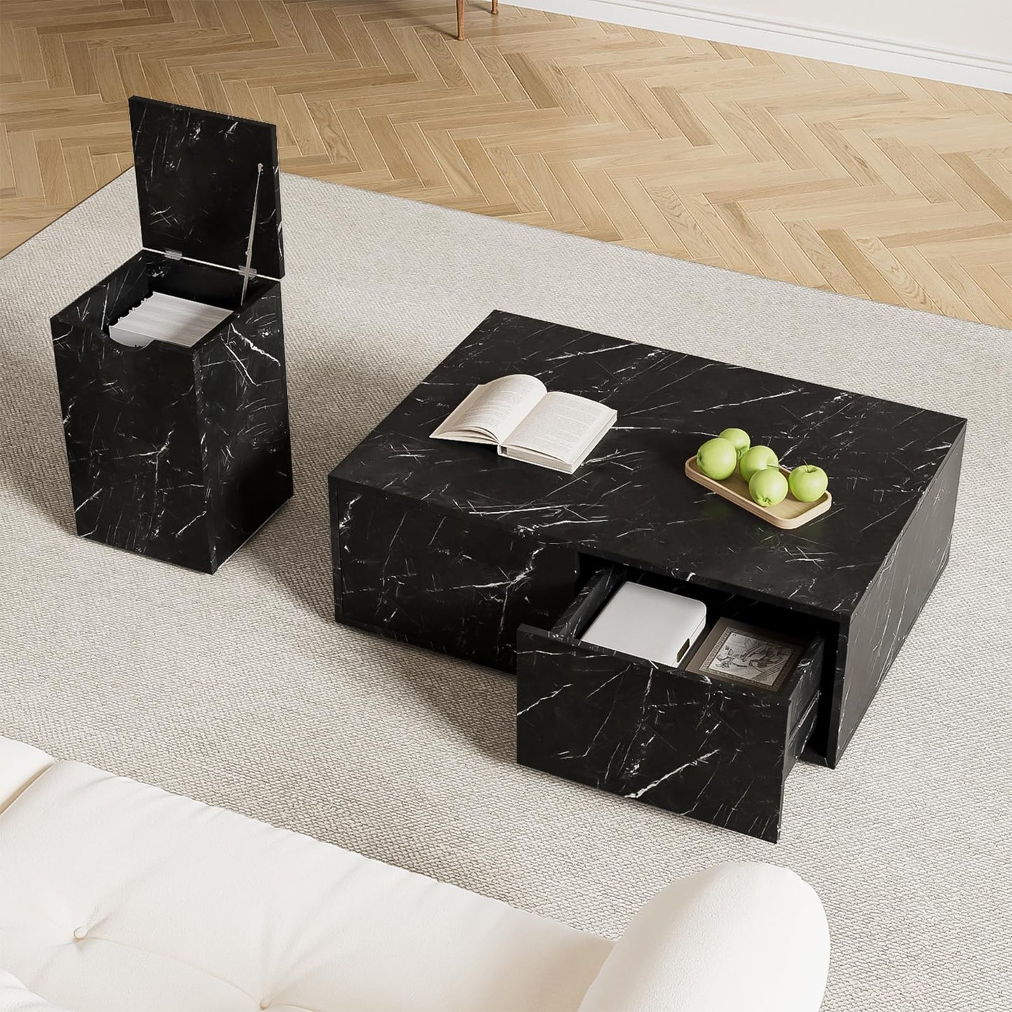 Table basse,Table d'appoint de canapé,Lot de 2 tables basses modernes noires,Table basse carrée avec tiroirs,Table basse motif marbre,Table basse modulable,Table basse 100x33,5x70cm et 32x32x50cm