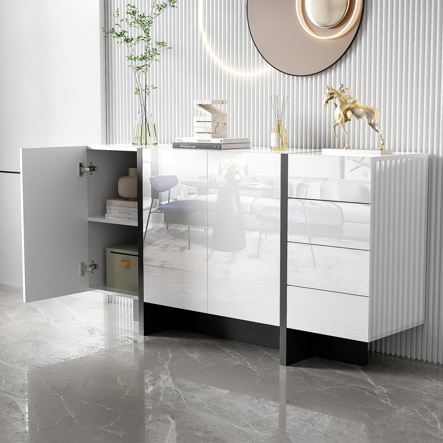 Peiaw Buffet,Armoire de Cuisine,Commode Blanc Brillant,Meuble de Rangement avec tiroirs,Buffet avec 3 Portes et 4 tiroirs,Convient pour la Salle à Manger, Le Couloir de la Cuisine 150 x 40 x 80.5 cm