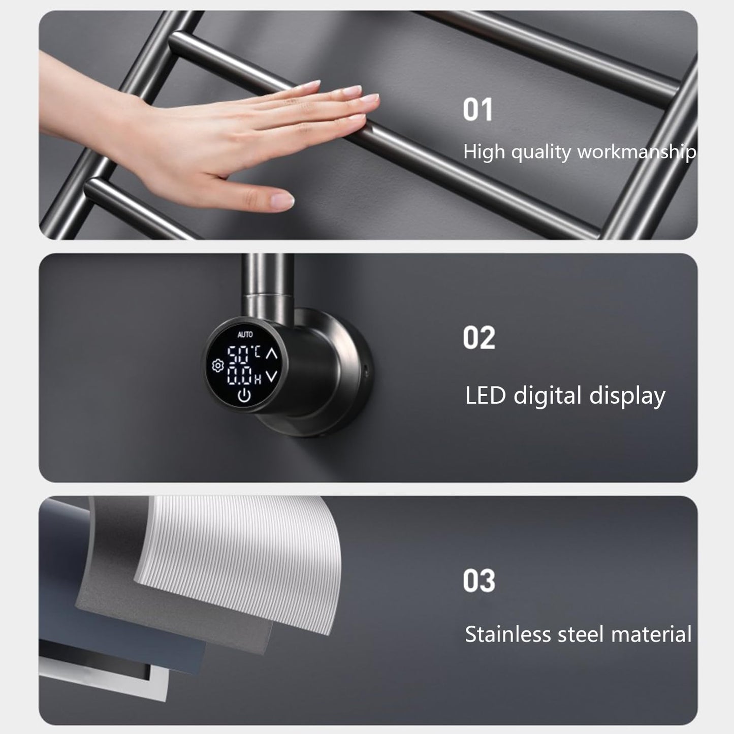 Sèche-Serviette Électrique Mural 36W Porte-Serviettes Chauffant Électrique avec Veilleuse à Capteur 50x79 cm Gris Radiateur de Salle de Bain avec Écran Tactile LED