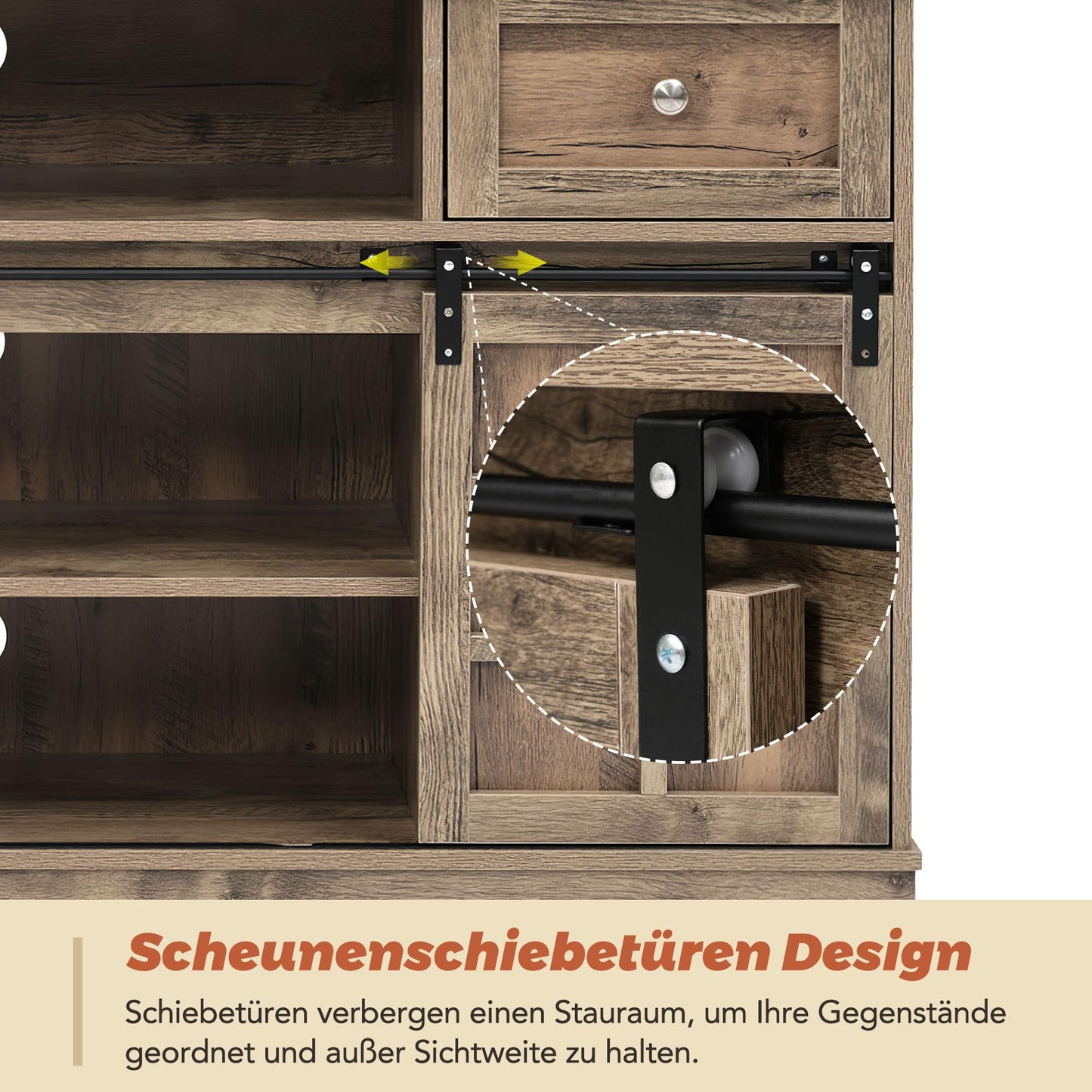 Meuble TV 150 cm Longueur Banc TV Gris Marron avec 2 Portes Coulissantes, 9 Compartiments de Rangement, 2 Tiroirs, Éclairage LED 16 Couleurs, Style Ferme Rétro en Grain de Bois pour TV Jusqu'à 60"