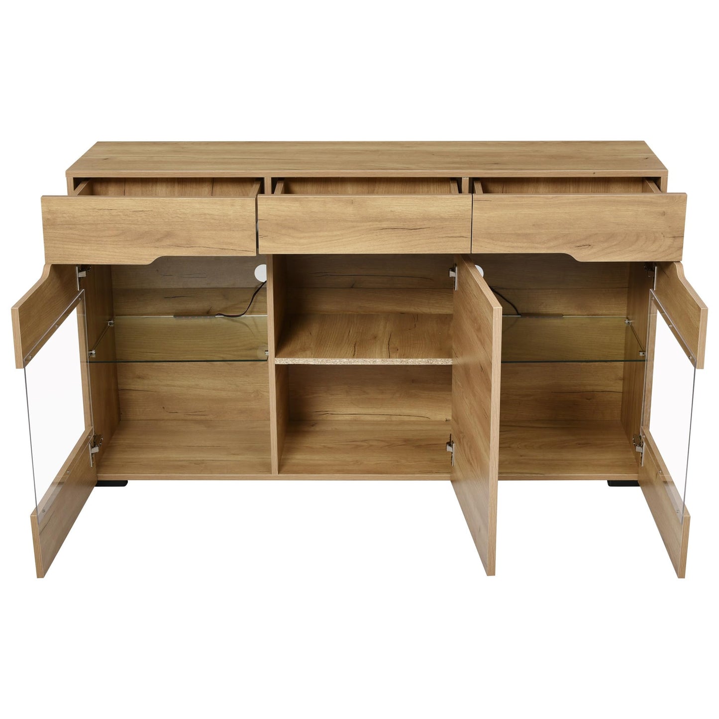 Buffet Salon LED, Meuble Buffet avec 3 Portes 3 Tiroirs, Vitrine Couleur Bois, Commode de Chambre Moderne et Élégante, Beaucoup D'espace de Rangement, Portes Acrylique Transparent, 140x35x80 cm