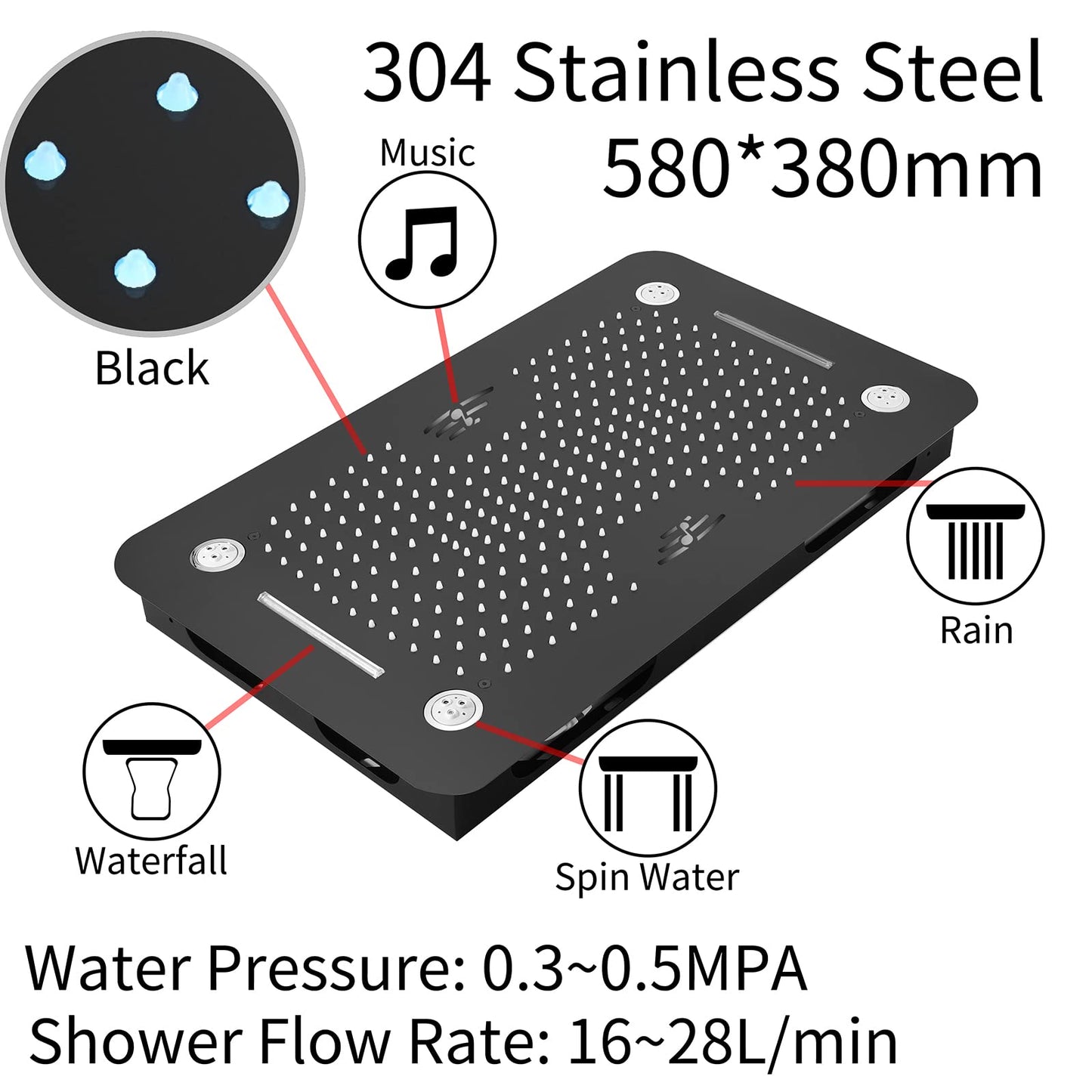 Colonne de Douche Thermostatique Système de Douche Encastrable, Musique 64 Couleurs LED Ensemble de Douche avec 6pcs 50 mm Buse de Massage, Noir Colonne Douche avec 580 * 380 mm Tête de Douche