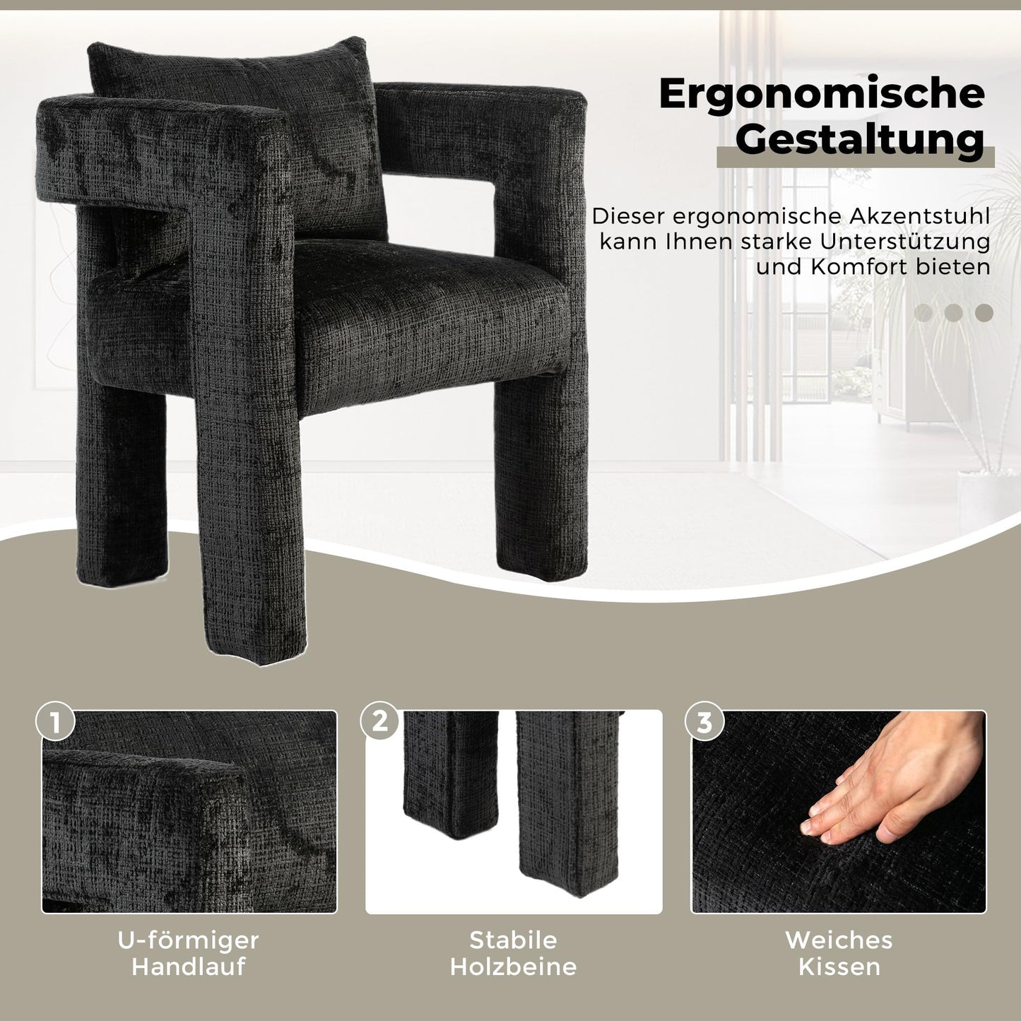 SHUGUANG Chenille Fauteuil de Loisirs, Fauteuil Salon Confortable Fauteuil Velours Utiliser Accoudoirs Creux, Chaise de Lecture avec Coussin Confortable en Vigueur Chambre à Coucher, Salon