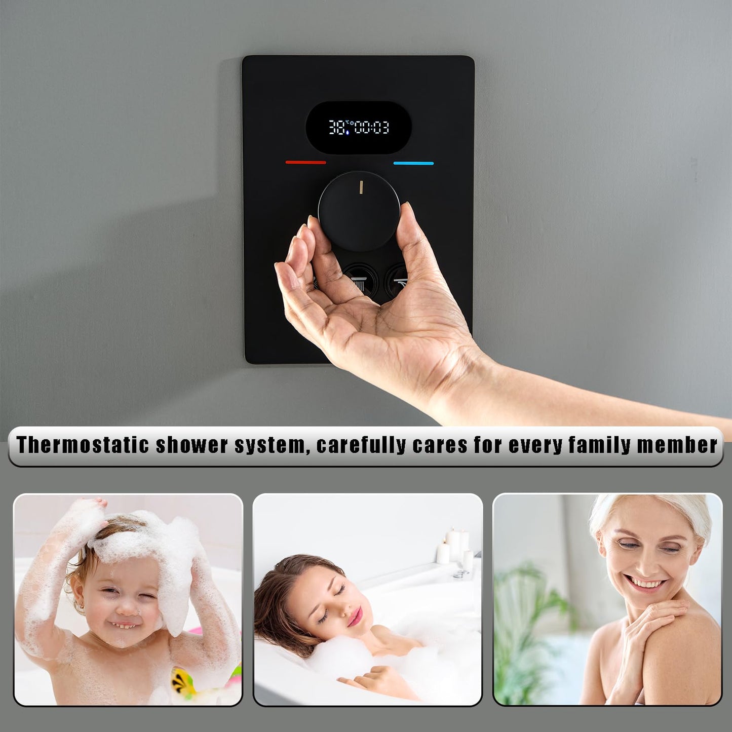 OihPaw Colonne de Douche Thermostatique Douche Encastrable Affichage Numérique Colonne de Douche Encastrable Noir Ensemble de Douche avec 3 Fonctions Pommeau de Douche,Douchette