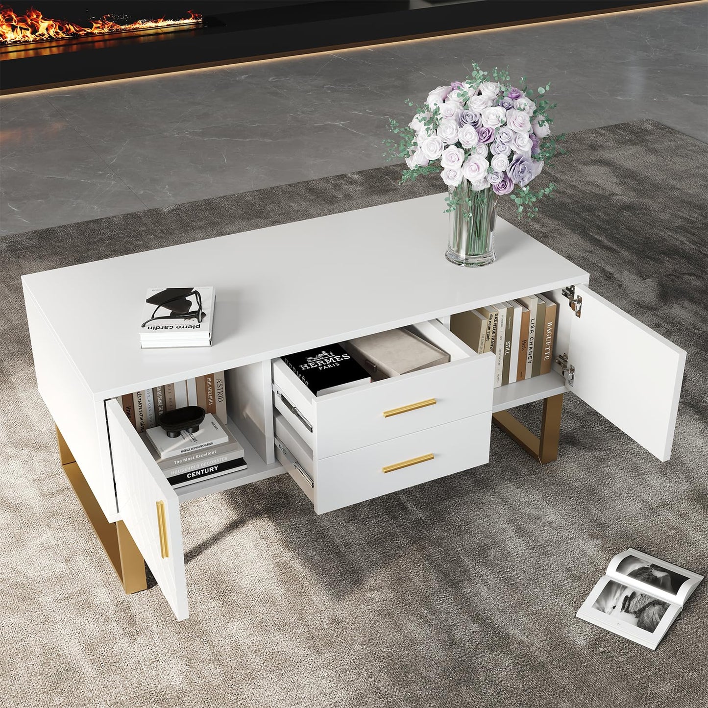 Peiaw Table Basse,Table Basse Salon,Table Basse Brillante,Table Basse carrée avec tiroirs,équipée de Deux Portes,Poignées et Pieds dorés,avec Grand Espace de Rangement,Table Basse 100 x 50 x 45cm
