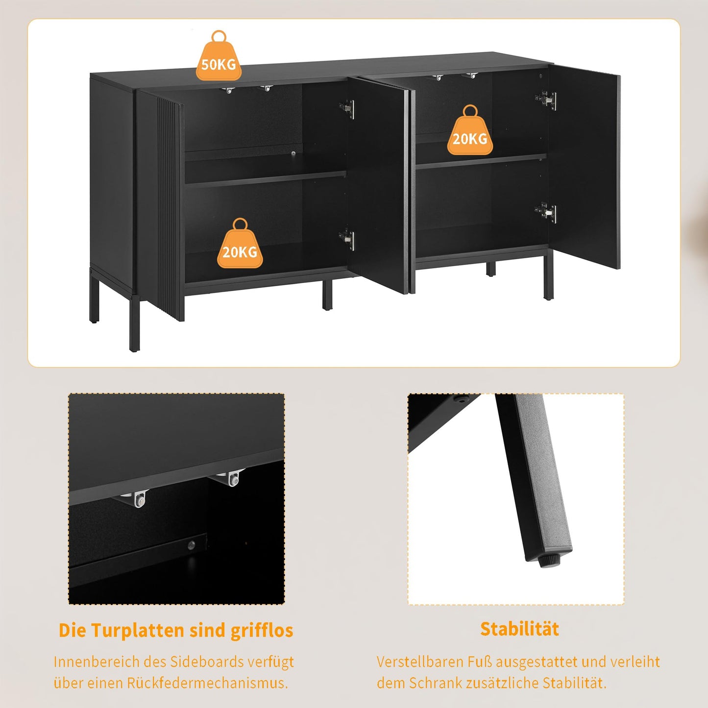 Buffet Blanc Moderne à 4 portes, Buffet Salle a Manger aux Lignes Uniques, Étagères Réglables, Porte sans Poignée, Beaucoup d'espace de Rangement, Vaisselier Bois, pour Salle à Manger Salon Cuisine