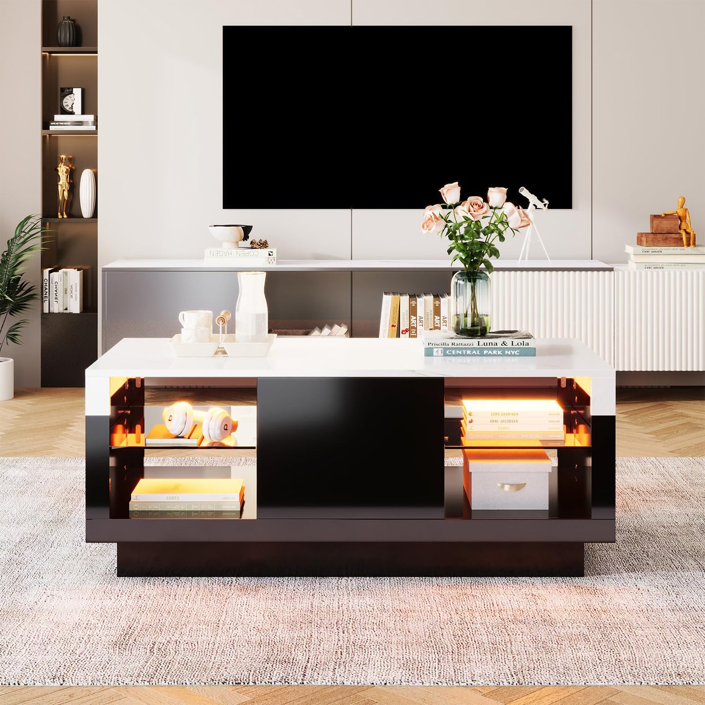 Table basse,Table basse salon,Table basse blanche et noire,Table basse aspect marbre brillant,Table basse avec un tiroir,Cloisons en verre des deux côtés avec éclairage LED,Table basse 100x42x50cm