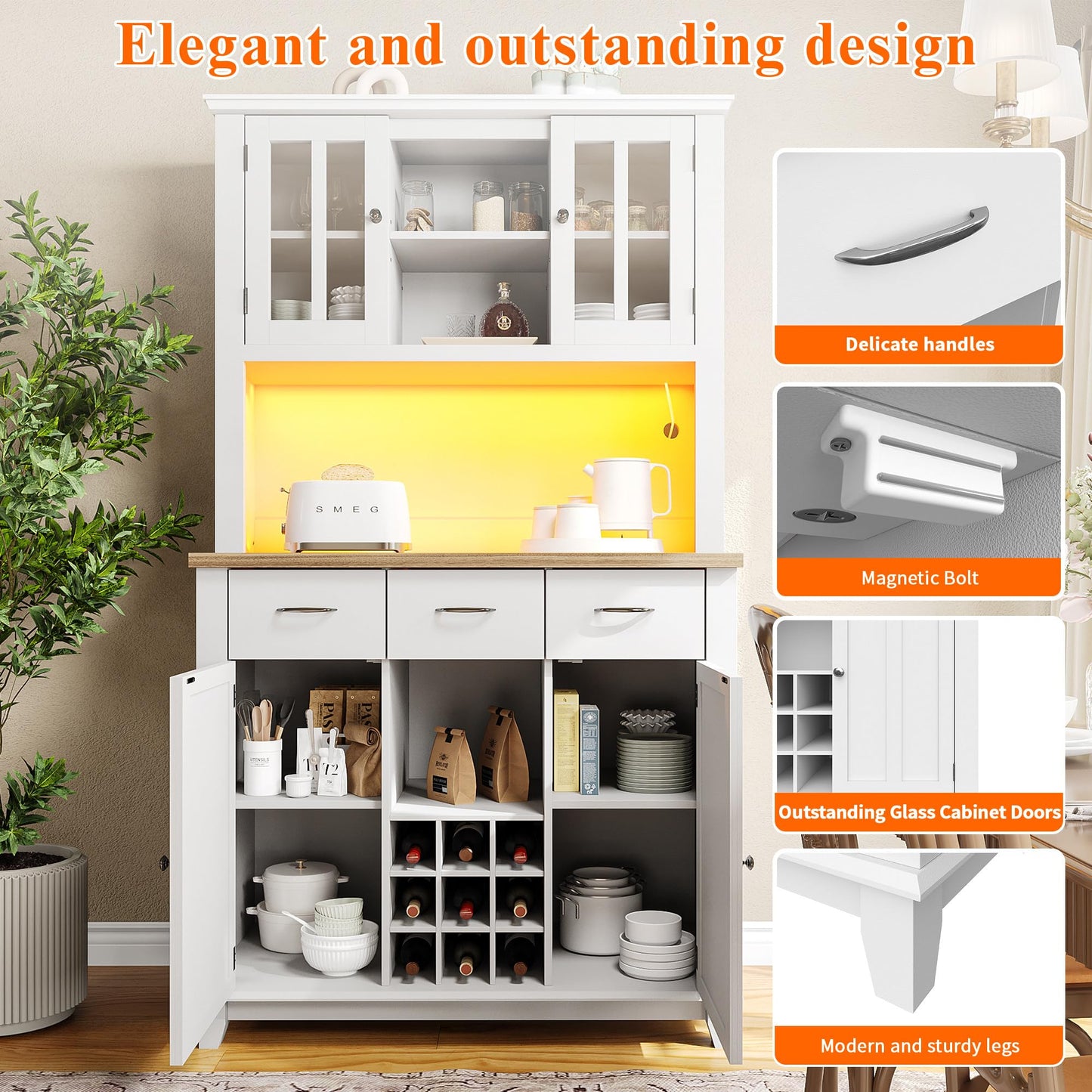 Armoire de Cuisine, Enfilade Buffet Haute, Vitrine avec Étagères Réglables et Casier à Vin, Buffet de Salon avec Éclairage LED, Beaucoup D'espace de Rangement, 106*40*179.5cm (Tiroirs Blanc/Bois)