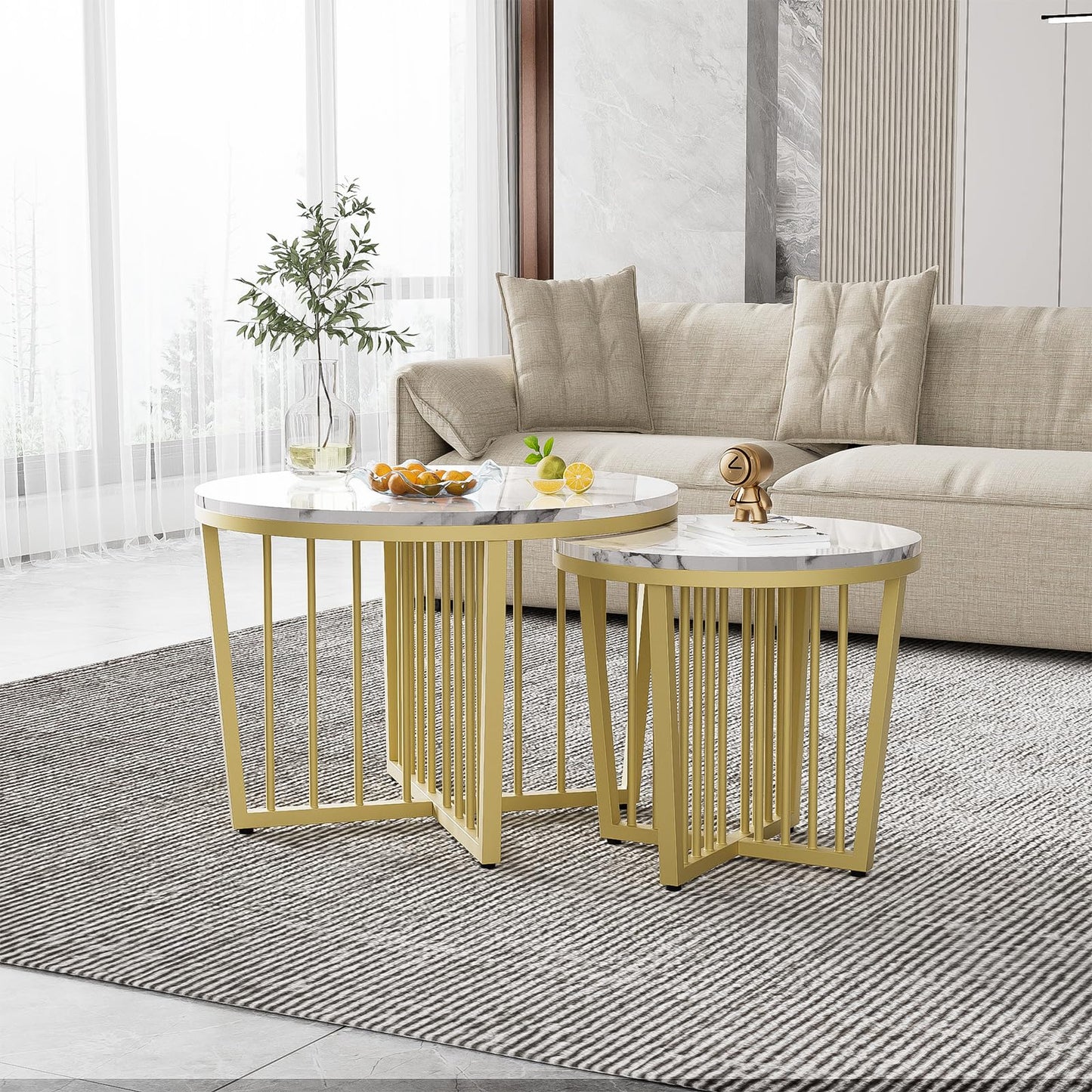 Peiaw Table Basse,Table de Salon,Table Basse Ronde,Lot de 2 Tables Basses,Table de Salon Moderne,Aspect marbre Blanc Brillant et Cadre en Acier doré,Table de Salon 70x70x50cm et 50x50x45cm