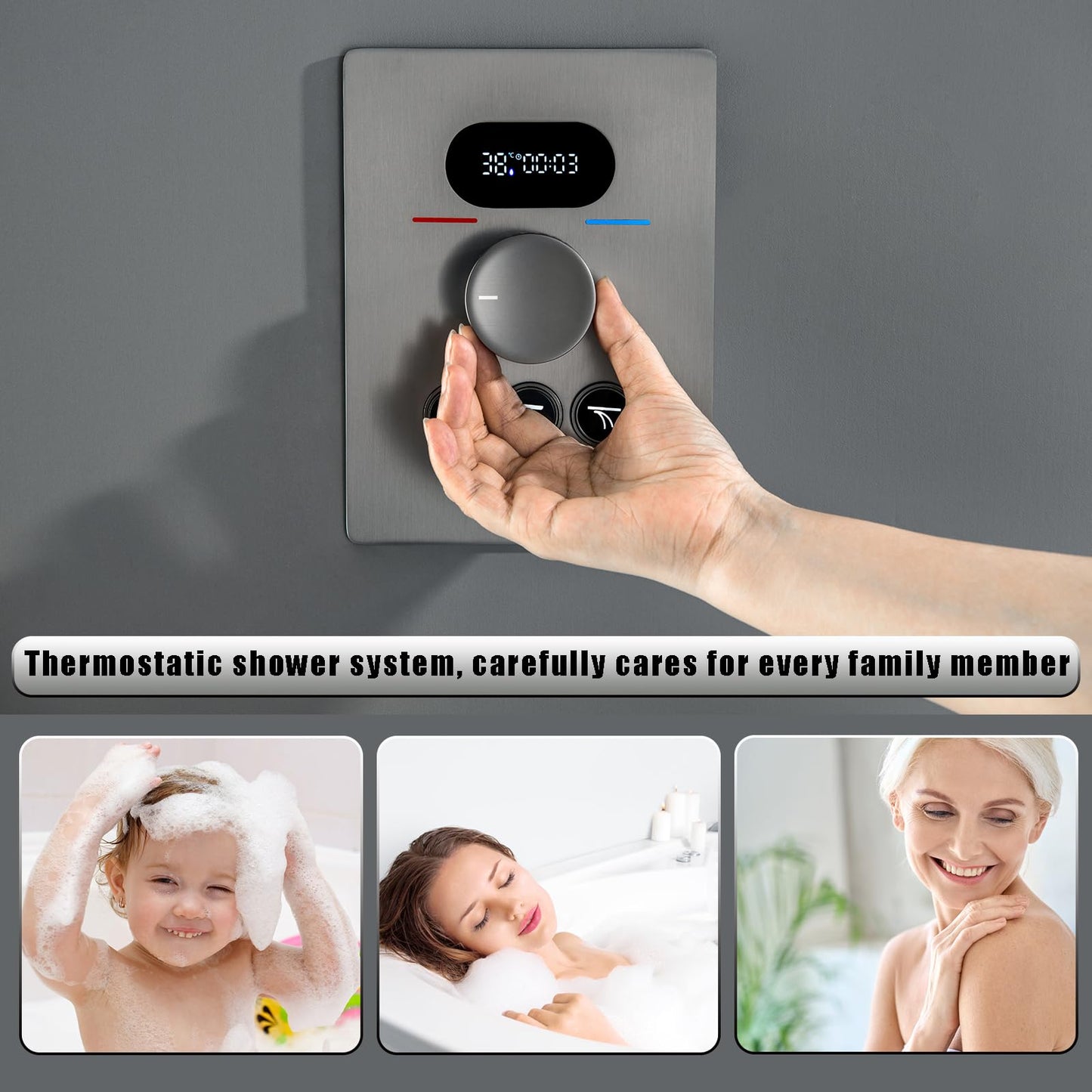 OihPaw Colonne de Douche Thermostatique Douche Encastrable Affichage Numérique Colonne de Douche Encastrable Gris Pistolet Ensemble de Douche avec 3 Fonctions Pommeau de Douche