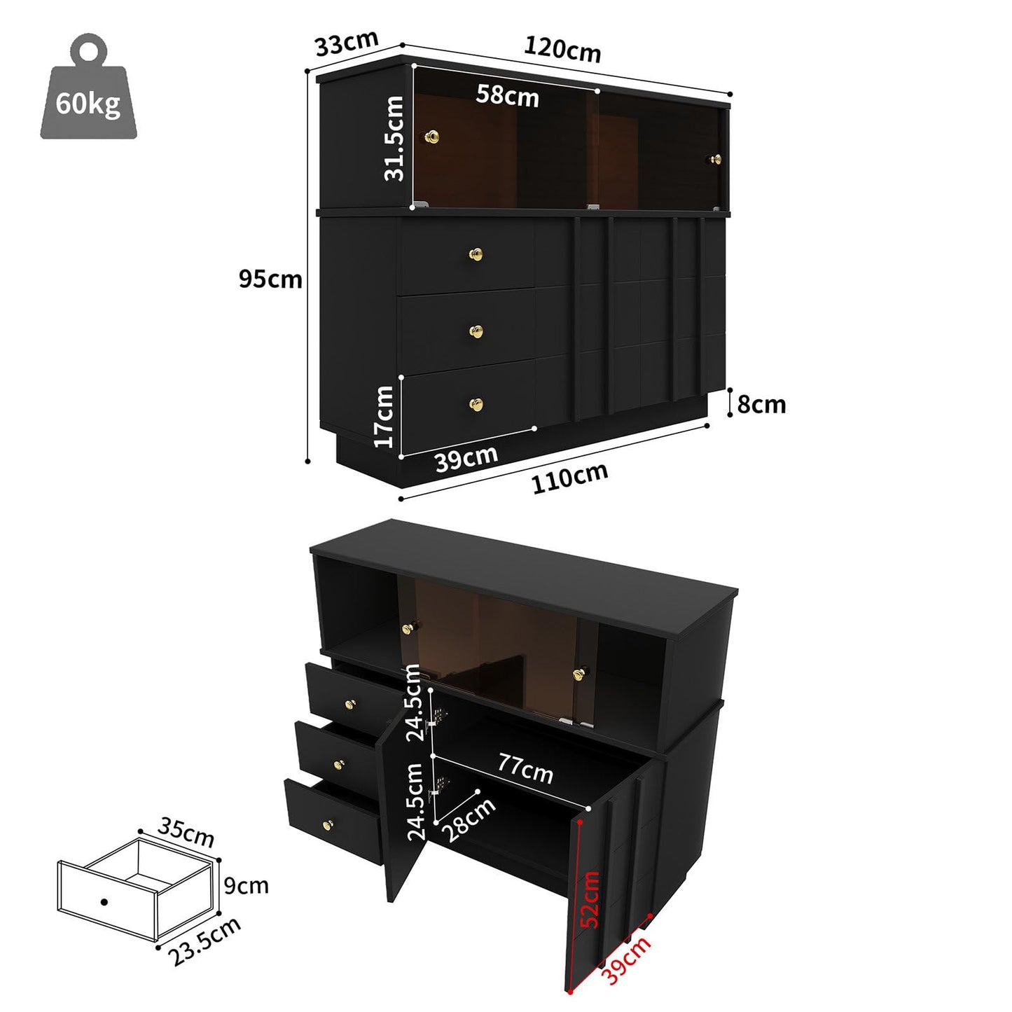 Sideboard Mit Glastür, Küchenschrank, Kommode, Modern Mehrzweckschrank für Wohnzimmer, Esszimmer Aufbewahrungsschrank 3 Schubladen, 2 Türen, Hohe Tragfähigkeit, 100 x 90.5 x 40 cm (B/H/T)