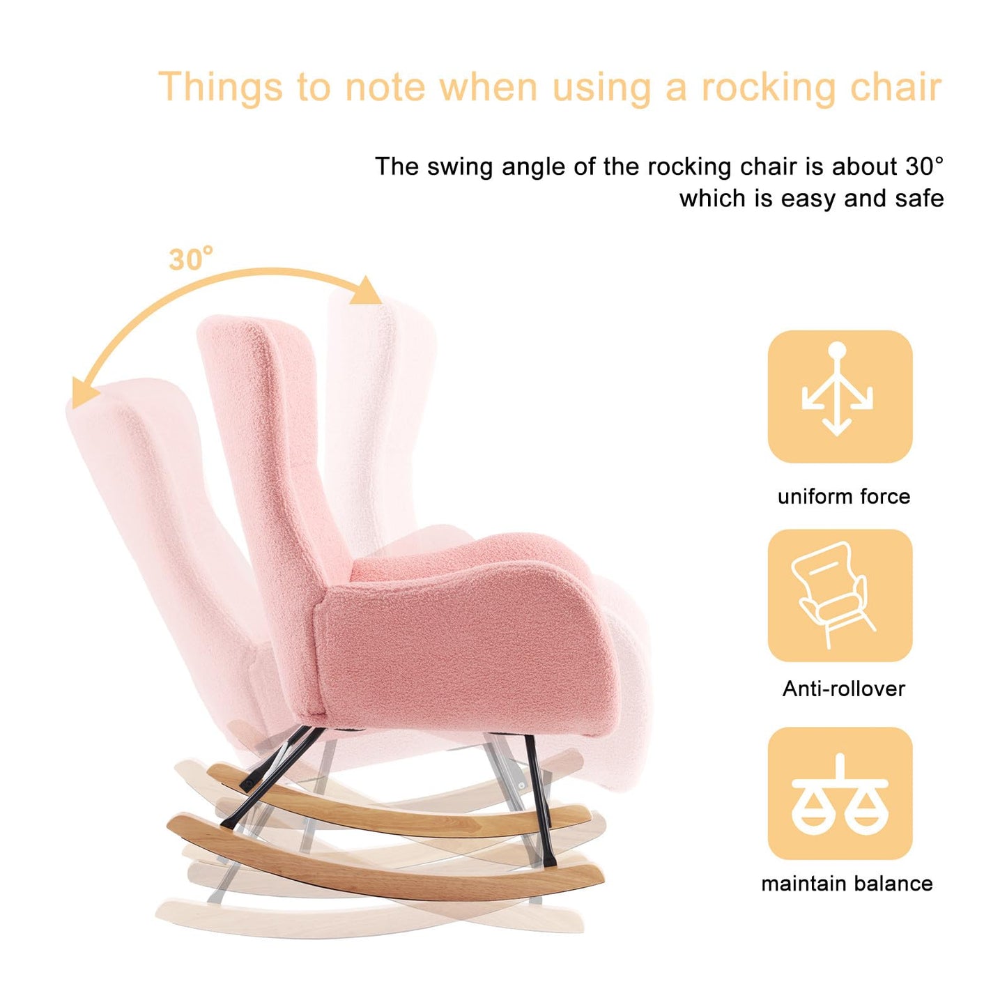 Fauteuil à Bascule, Allaitement Rocking Chair Épaissir Rembourré, Scandinave Velours Peluche Chaise Loisir avec Pieds en Bois Massif, Capacité 150 kg, pour Salon, Chambre, Balcon, 96x68x90cm