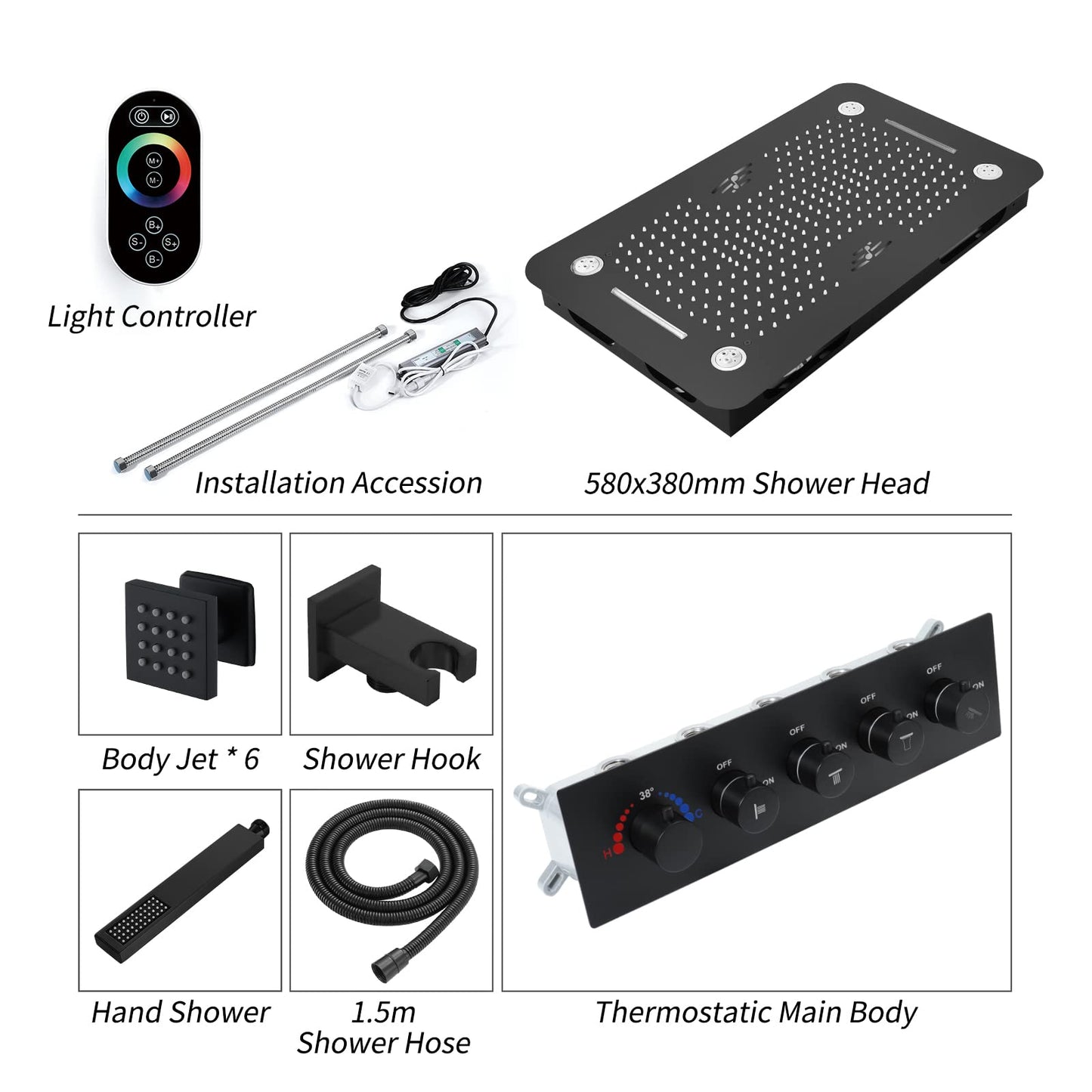 Colonne de Douche Thermostatique Système de Douche Encastrable, Musique 64 Couleurs LED Ensemble de Douche avec 6pcs 50 mm Buse de Massage, Noir Colonne Douche avec 580 * 380 mm Tête de Douche