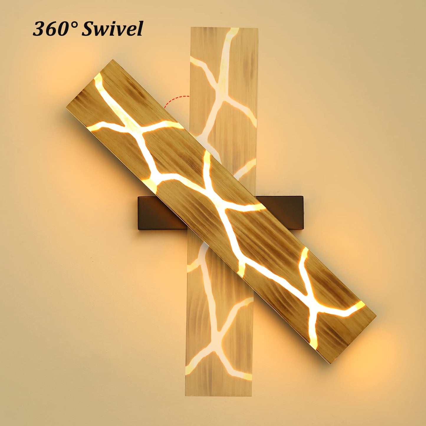 Applique Murale LED, 55 CM Intérieure Applique en Bois, 18W Lampe Murale Crack 360° Rotatif Luminaire Mural 3000K Applique Murale Intérieur 2000LM Résine Applique Murale Bois