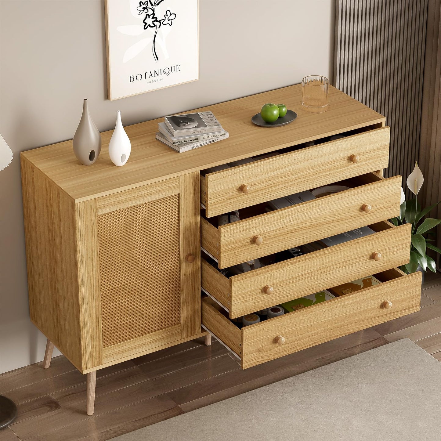 Buffet,meuble de rangement cuisine,Buffet en bois, meuble de rangement multifonctionnel,buffet bas,Commode avec 4 tiroirs et 1 porte en rotin, buffet avec grand espace de rangement 120 x 40 x 83 cm
