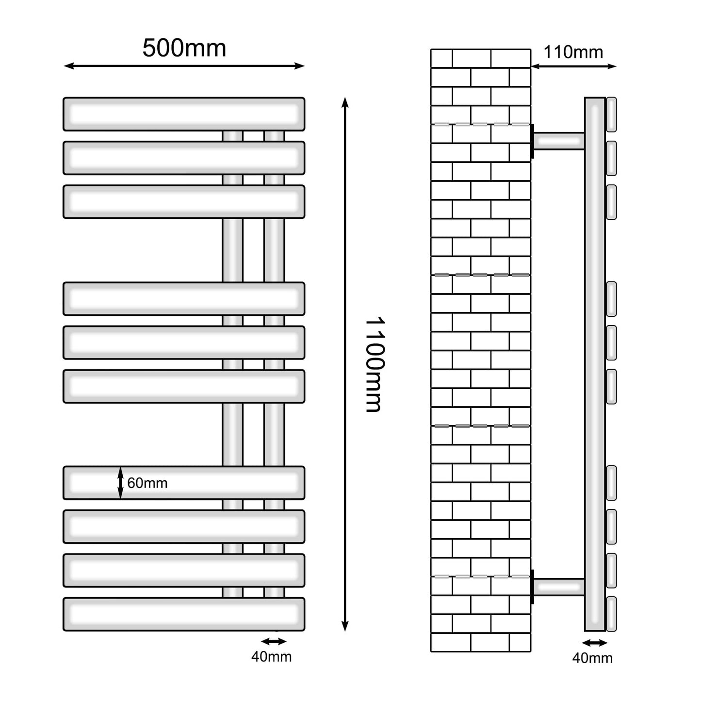 Elektrischer Handtuchhalter, 500 x 1100 mm, intelligenter thermostatischer Handtuchwärmer, wandmontierter Badezimmerheizkörper, beheizter Handtuchtrockner, energiesparend, LED-Anzeige, weiß rechts