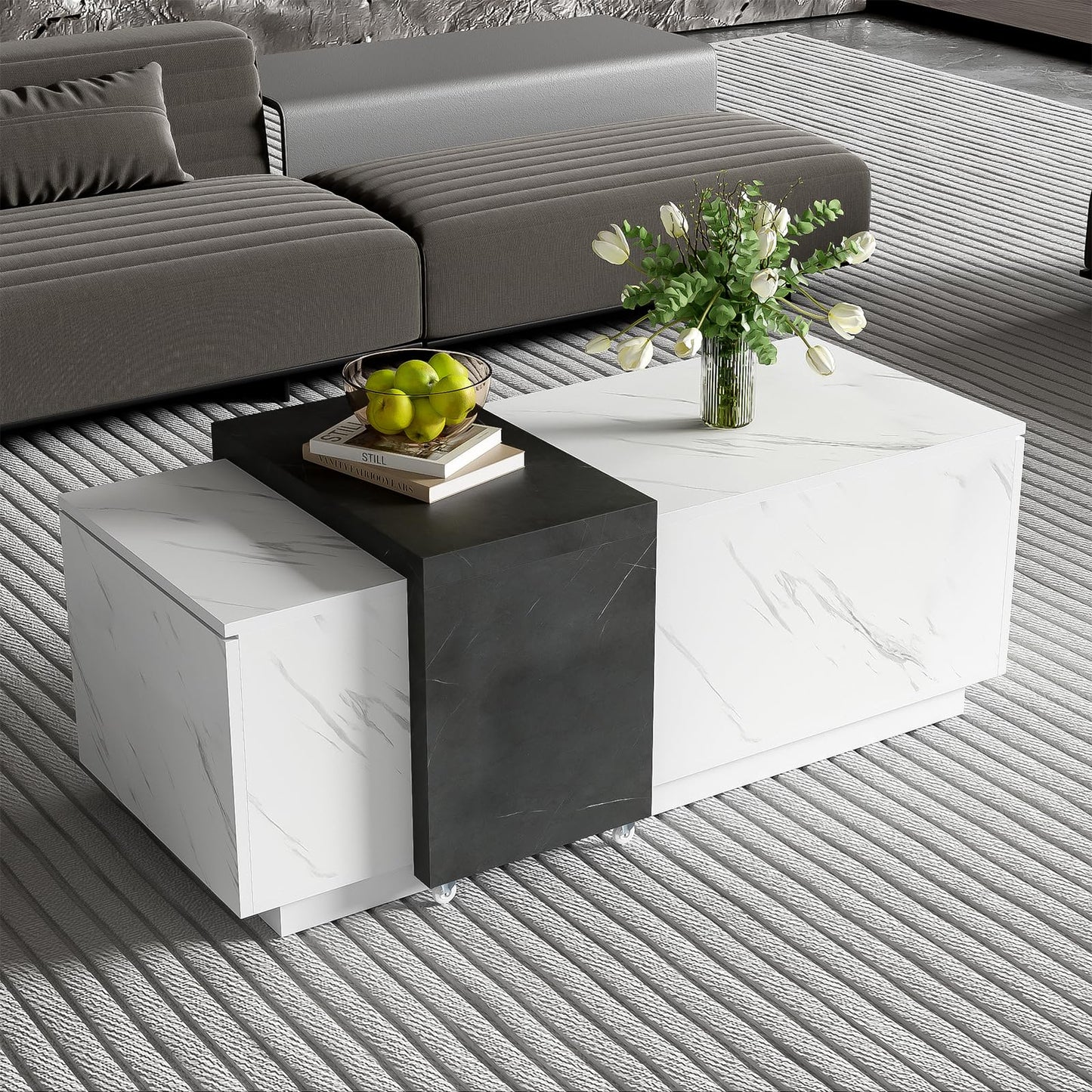 Table basse,Table de salon, aspect marbre blanc, table basse mobile en marbre noir, deux portes de placard, avec charnières amortissantes, avec espace de rangement, table basse de 110 x 50 x 40 cm