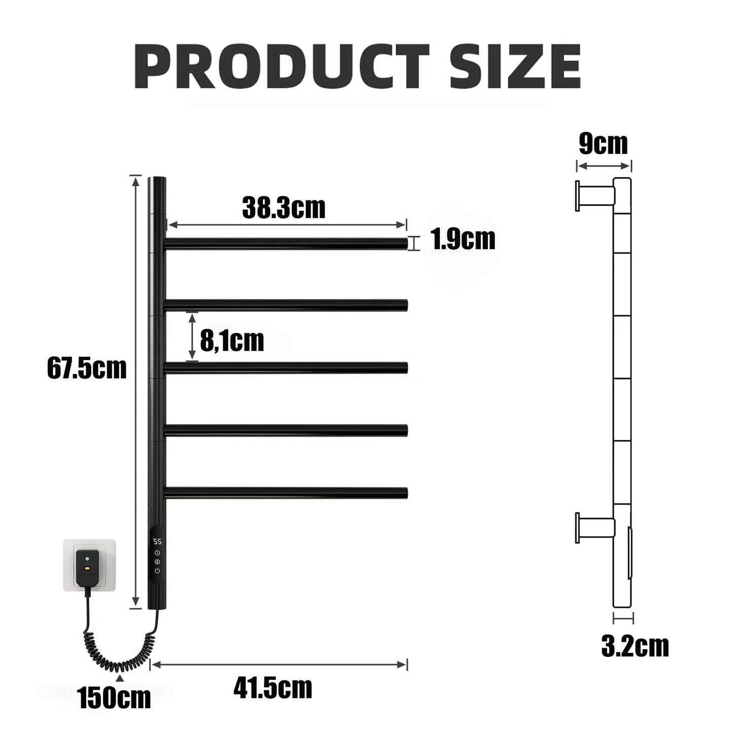 OihPaw Sèche-serviette électrique avec 5 Barres Porte-Serviettes Chauffant Pivotant à 180 °, 85W 42 * 66cm Chauffe-Serviettes électrique Mural avec Thermostat