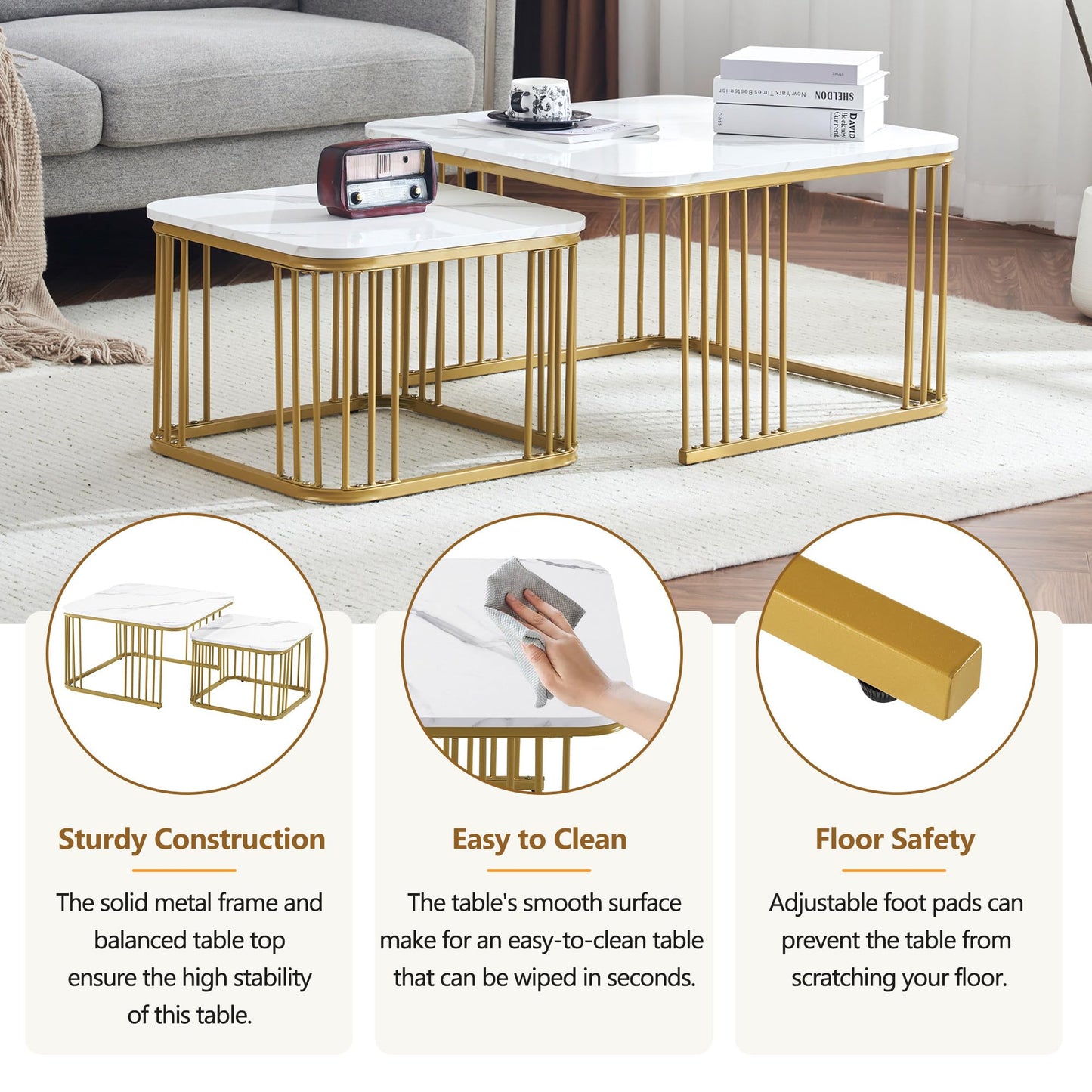 Lot de 2 Tables Basses Gigognes Carré, Tables Basse Empilable Aspect Marbre, Table Basse Salon Chambre avec Cadre en Métal, Polyvalent Tables Bassee pour Bureau, Appartement