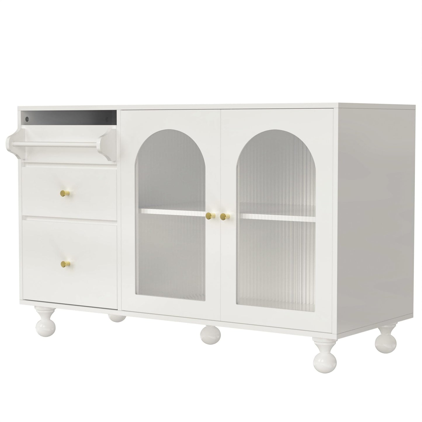 120 x 40 x 75.5 cm Armoire de Rangement Polyvalente, Armoire de Salon avec 3 Tiroirs et 2 Porte D'armoire Vitrée et Porte-Serviettes, Buffet Cuisine Applicable à Cuisine, Salon, Salle à Manger