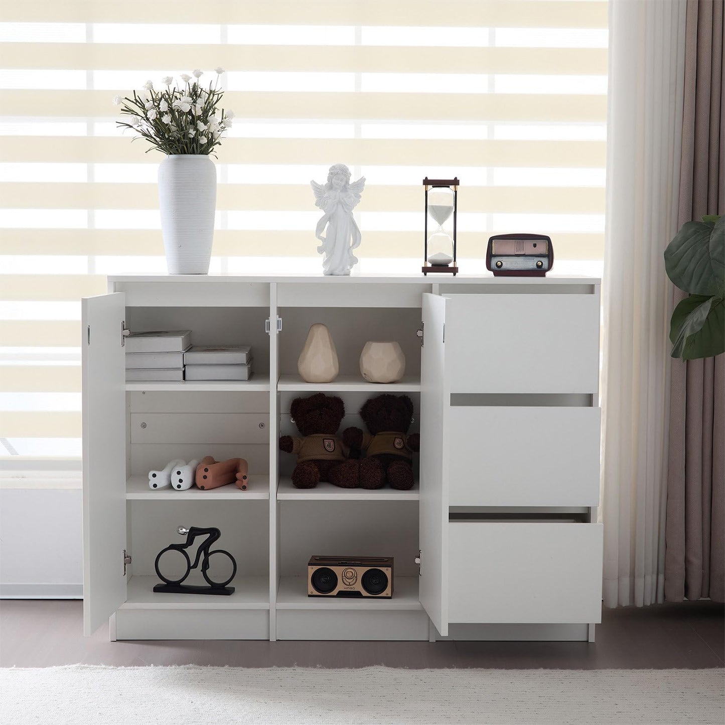 Meuble de Rangement, Buffet de Cuisine avec 2 Portes et 3 Tiroirs, Armoire de Salon Conception sans Poignée, Étagère Rangement Étagères Réglables, Charnière Amortissante, 120 x 35 x 90 cm