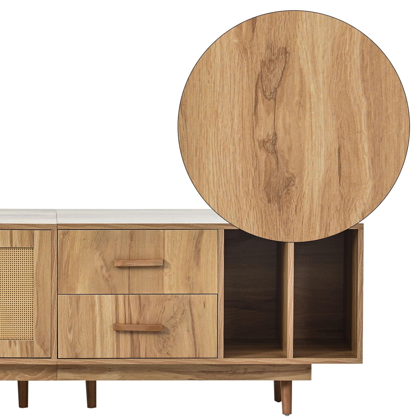 Meuble TV de Style Bohème en Rotin pour Téléviseurs de 80 Pouces, Meubles TV Bois, Banc TV Rustique avec 2 Casiers, 2 Tiroirs, 2 Étagères Ouvertes, Chambre Meuble Salon, 190x40x52 cm, Chêne Naturel