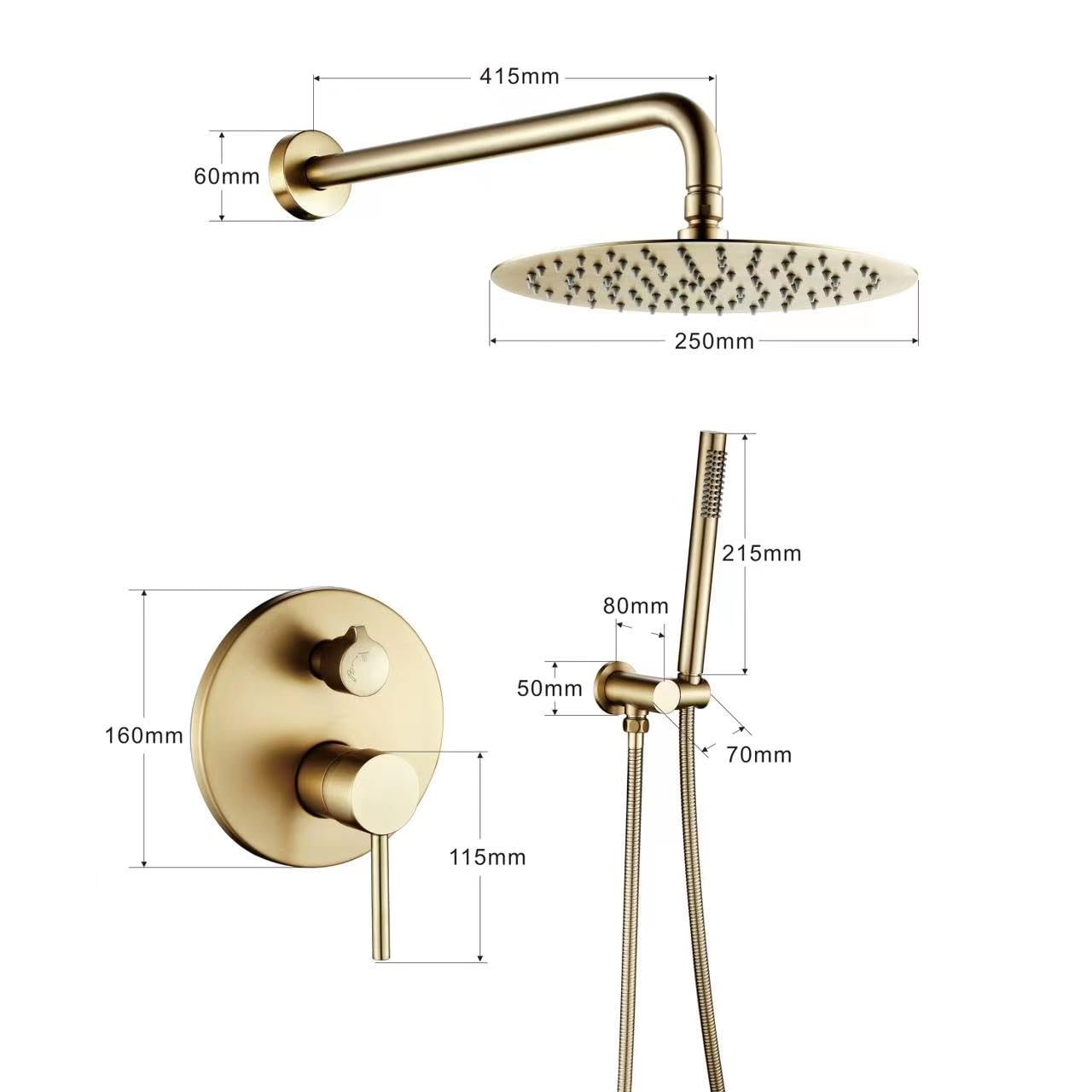 OihPaw Ensemble de Douche Encastrable Doré,Système de Douche À 2 Fonctions avec Pommeau de Douche Ronde 20CM et Douchette À Mains,Colonne De Douche Encastré pour Salle de Bains