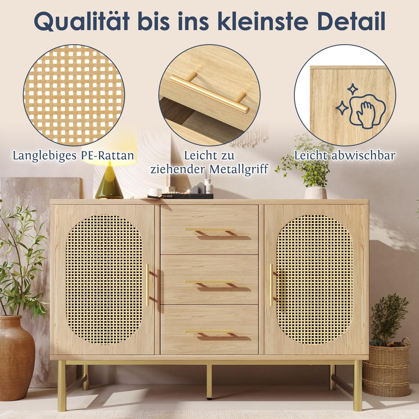 SHUGUANG Buffet Salon Style Bohème avec 2 Portes en Rotin et 3 Tiroirs, Commode Cuisine, Vaisselier Chambre, Meuble de Rangement Bois, Étagères Réglables, Anti-basculement, 120 x 40 x 74 cm, Chêne